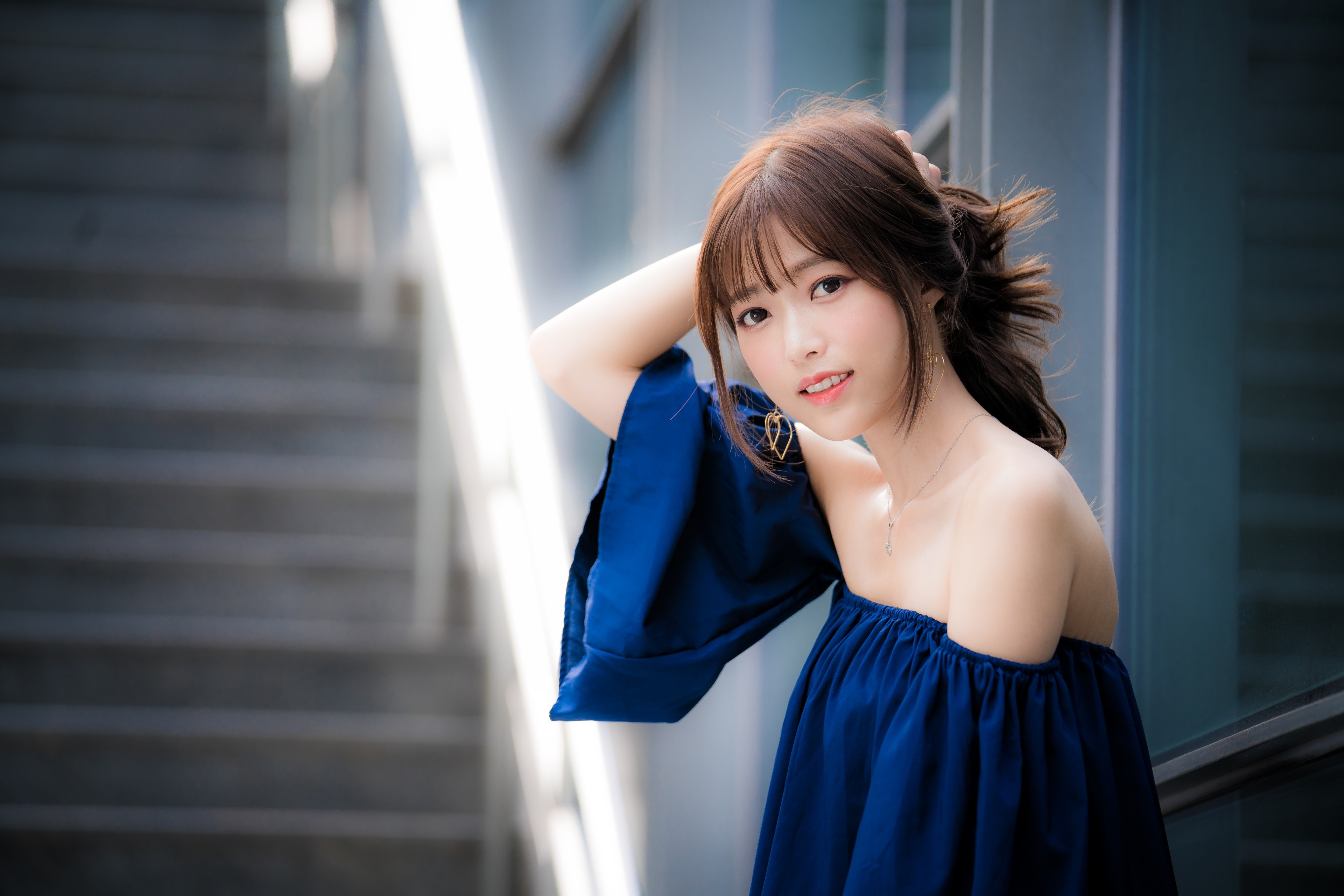 Asian woman with brown hair in blue off-the-shoulder top HD Wallpaper