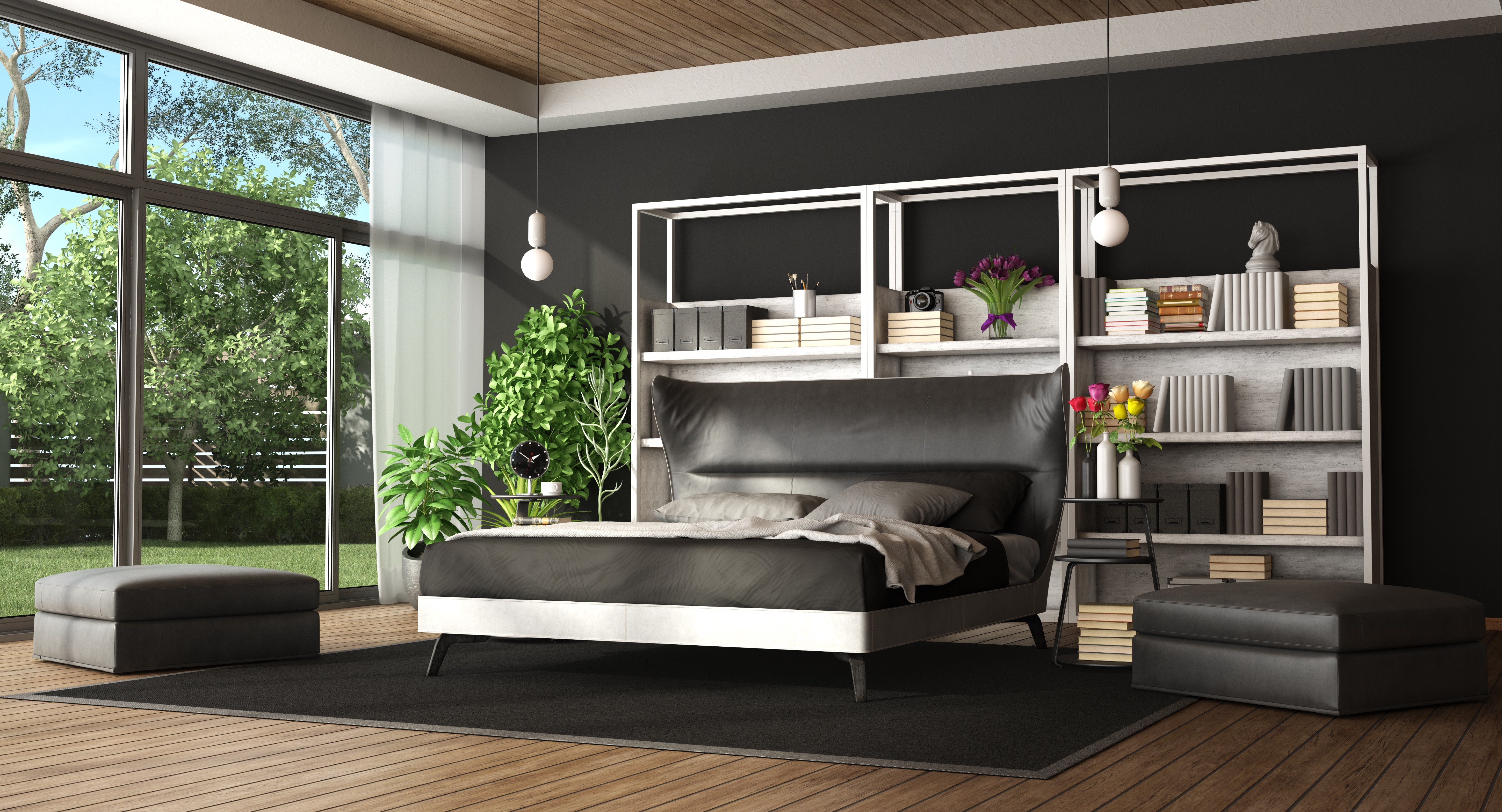 Modern Bedroom with Large Window and Bookshelf HD Wallpaper