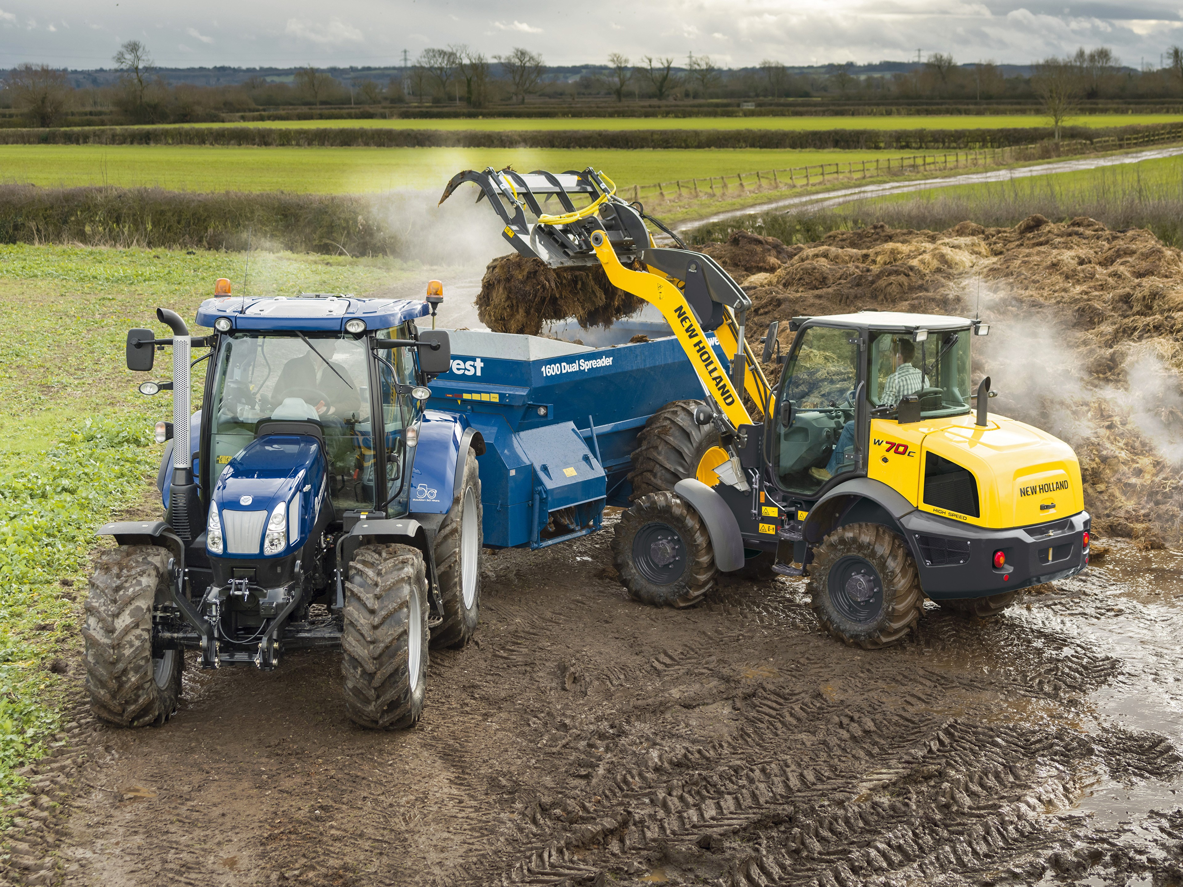 New Holland W70C HS and Tractor with Spreader HD Wallpaper