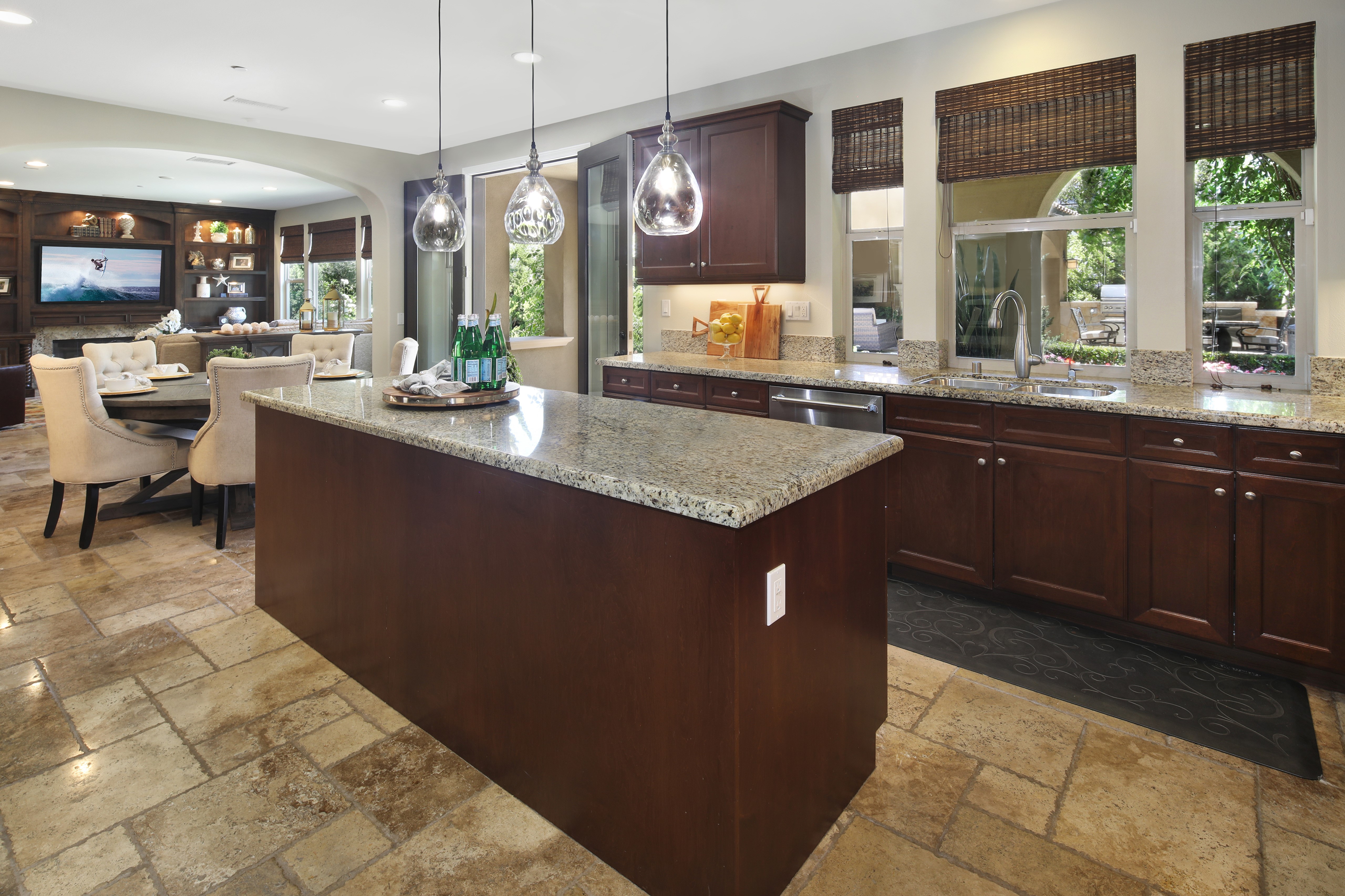 Kitchen and Dining Area with Island and Fireplace HD Wallpaper