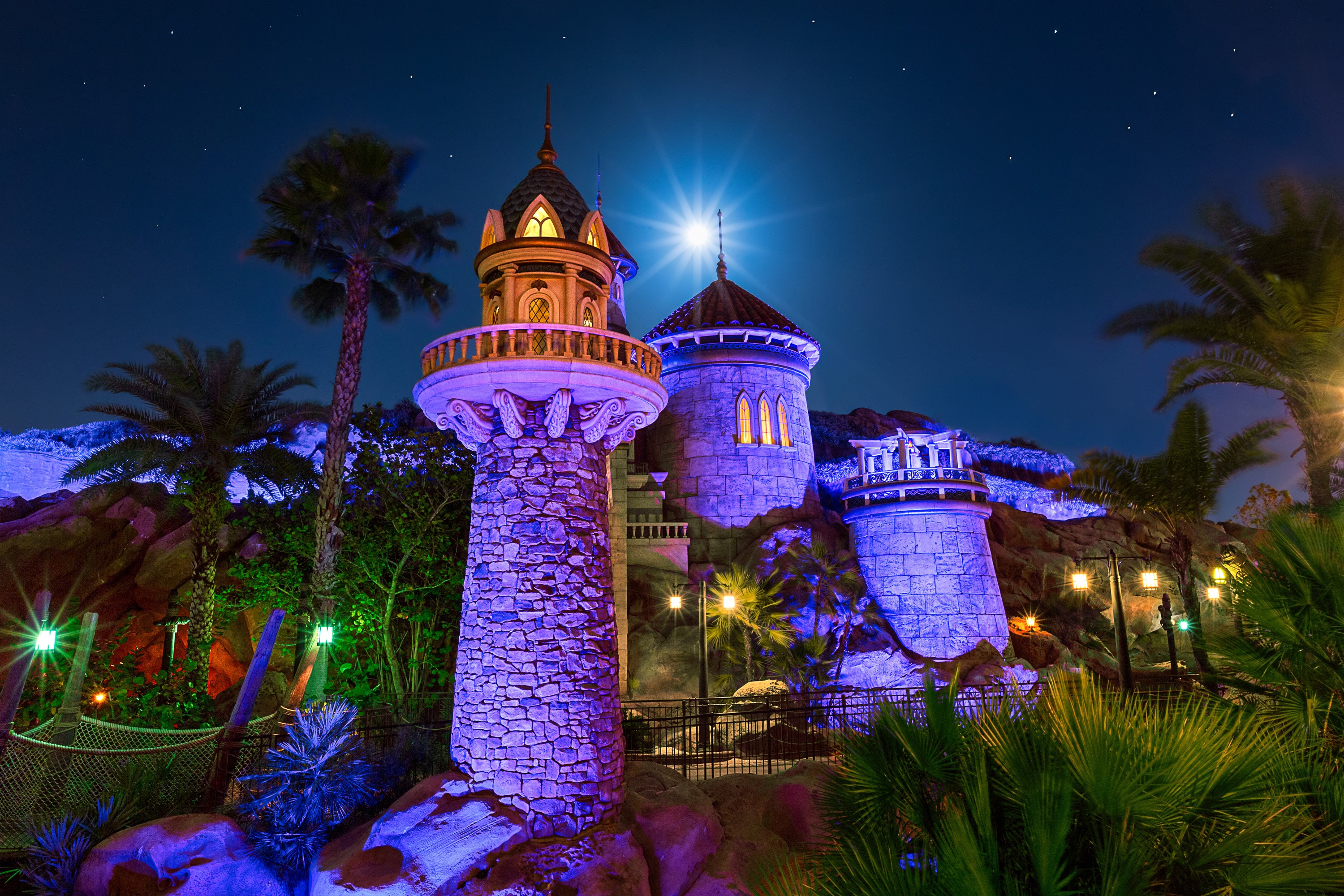 Castle tower at night with moon and stars HD Wallpaper