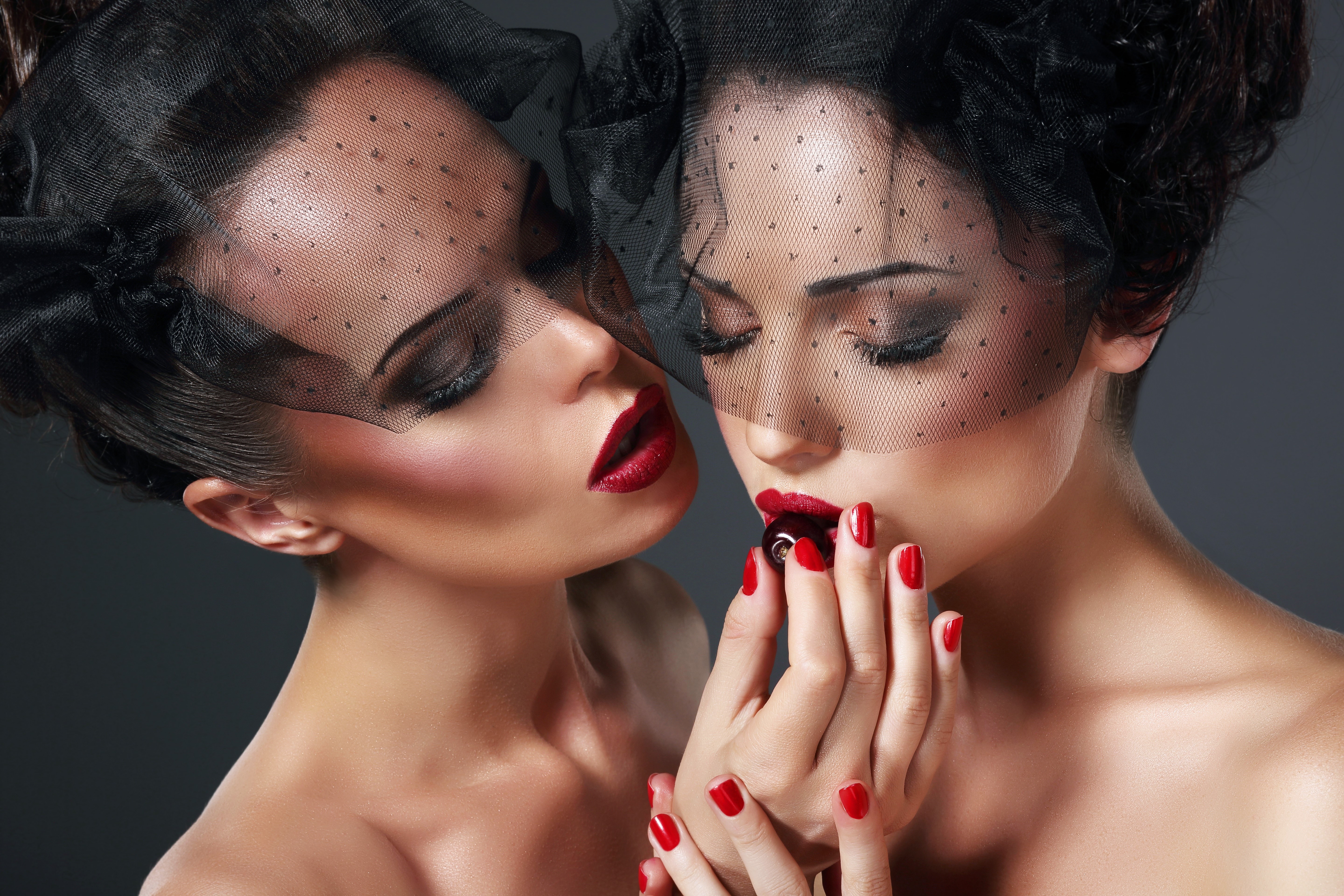 Two women with black veils and red lips HD Wallpaper
