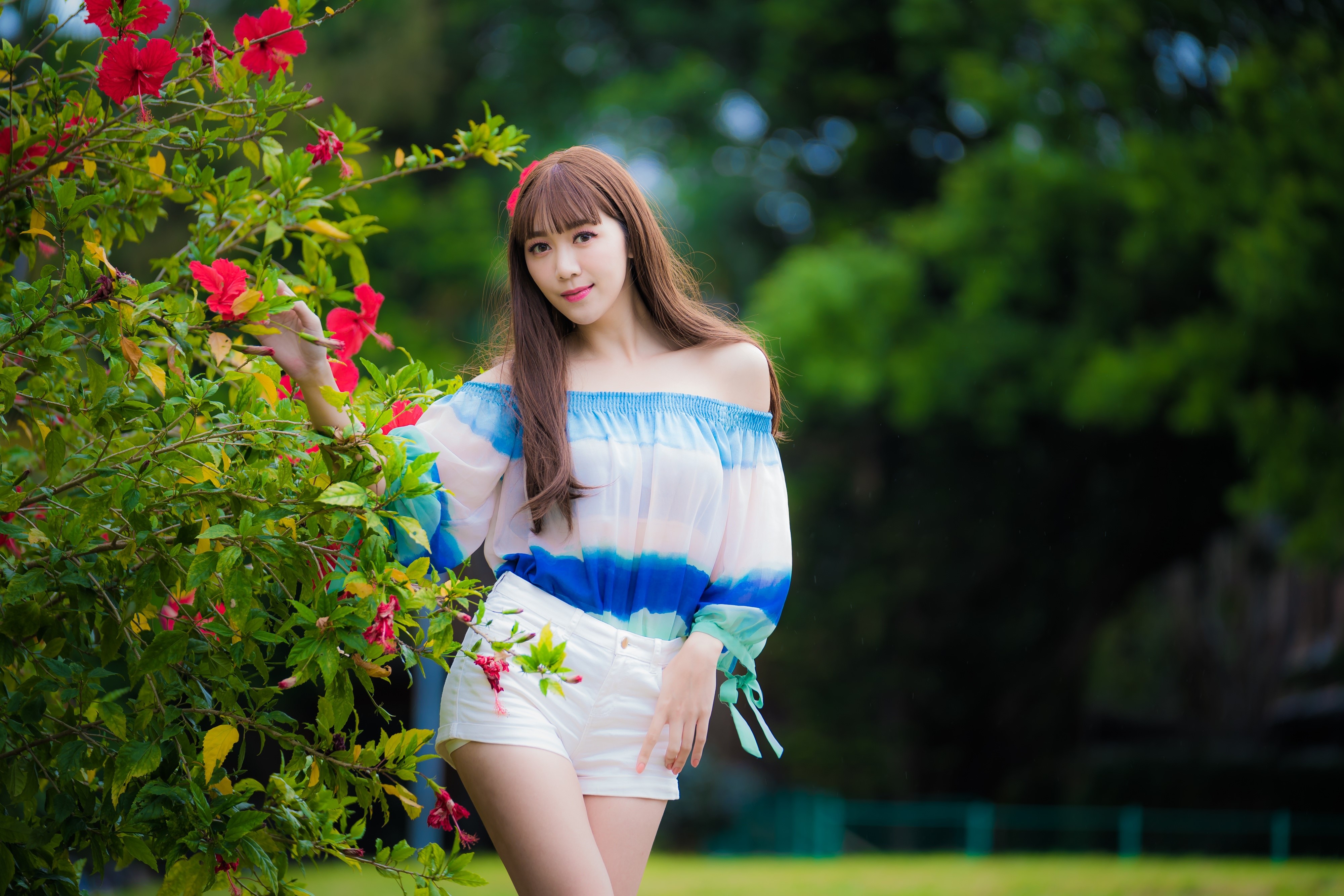 Asian woman in off-the-shoulder top and shorts posing by flowers HD Wallpaper