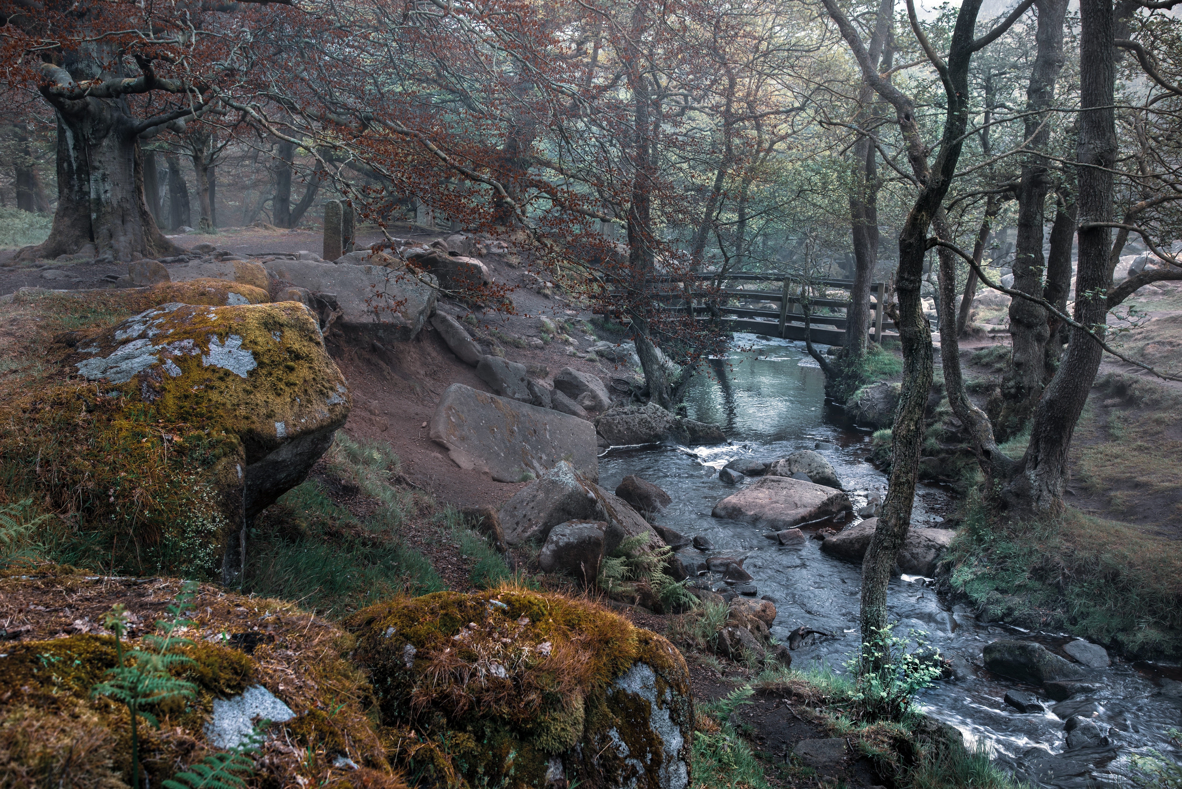 Grindleford Derbyshire River Bridge with Mossy Stones and Trees HD Wallpaper