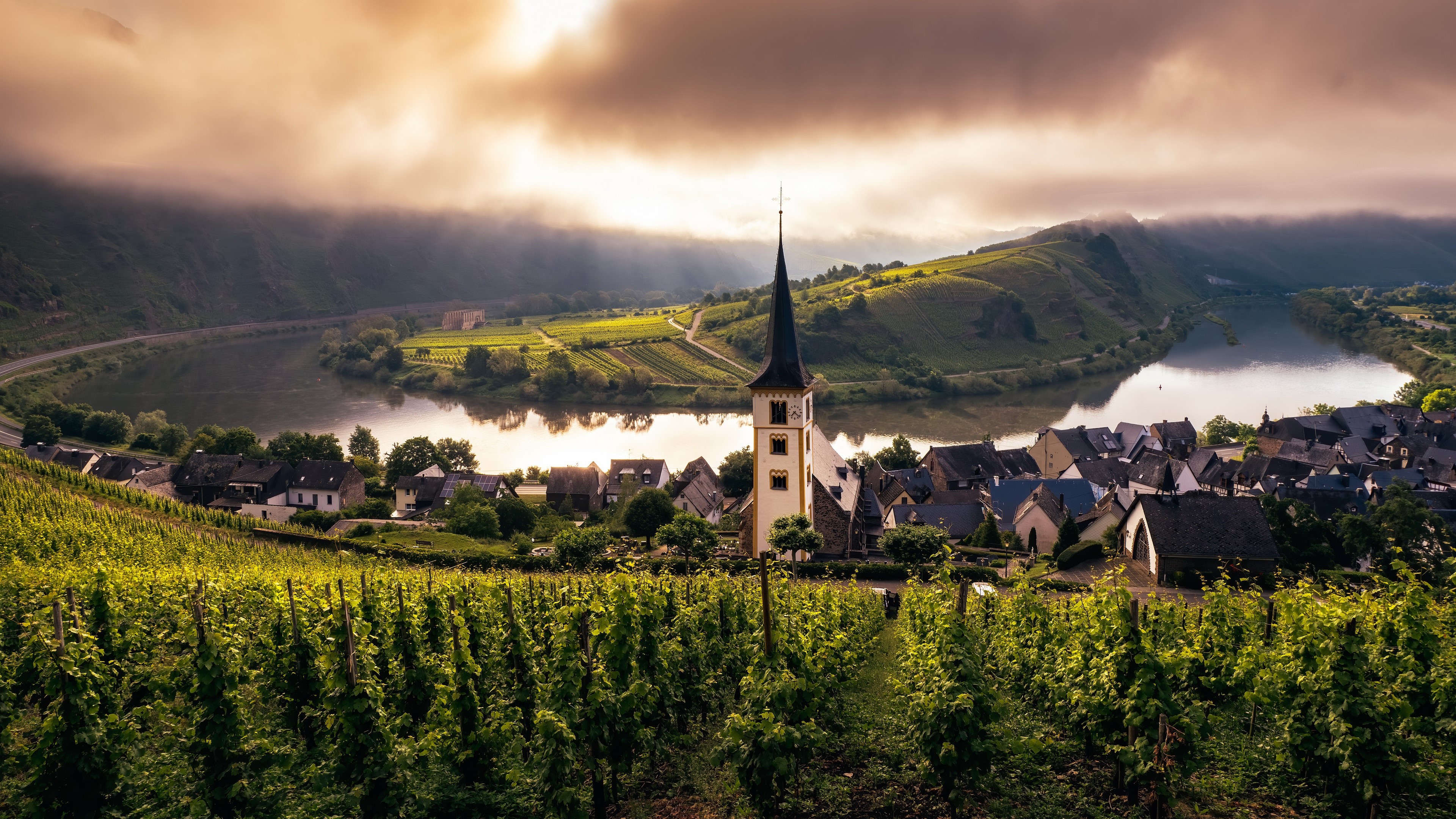 Village with church and vineyard by Mosel river in Germany HD Wallpaper