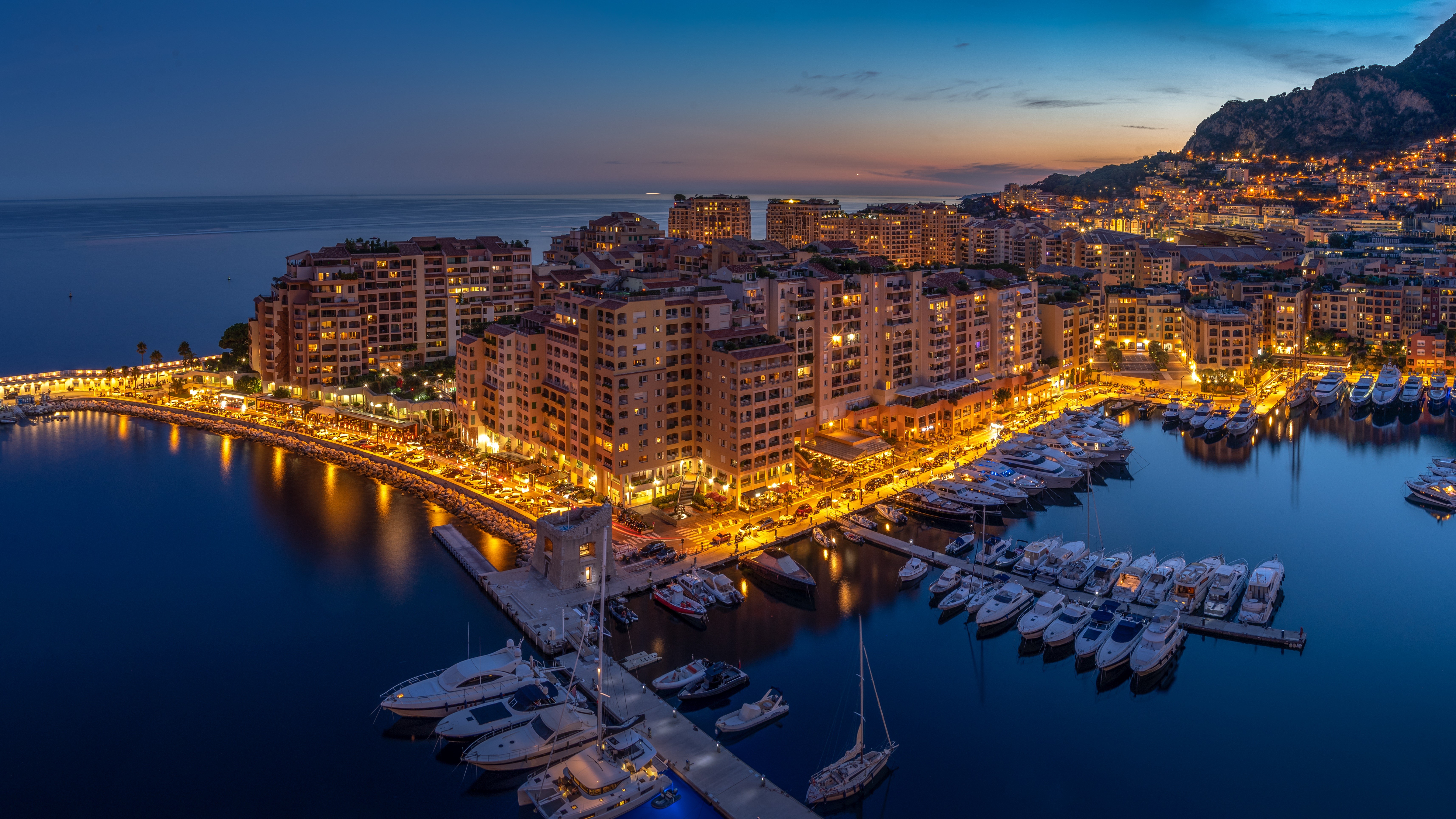 Monaco Marina at Dusk with City Lights HD Wallpaper