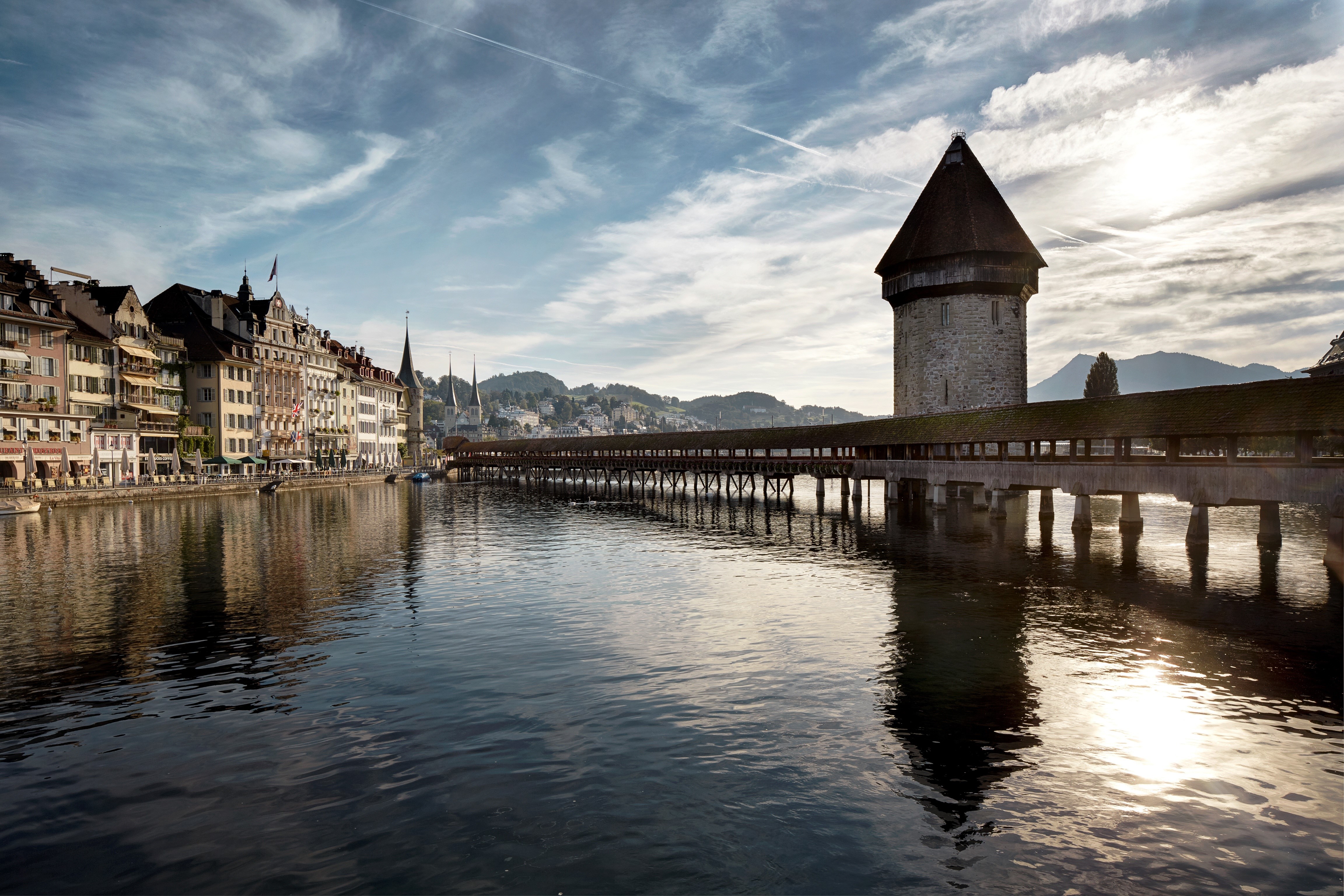 Kapellbrucke bridge and tower over Reuss river in Luzern, Switzerland HD Wallpaper