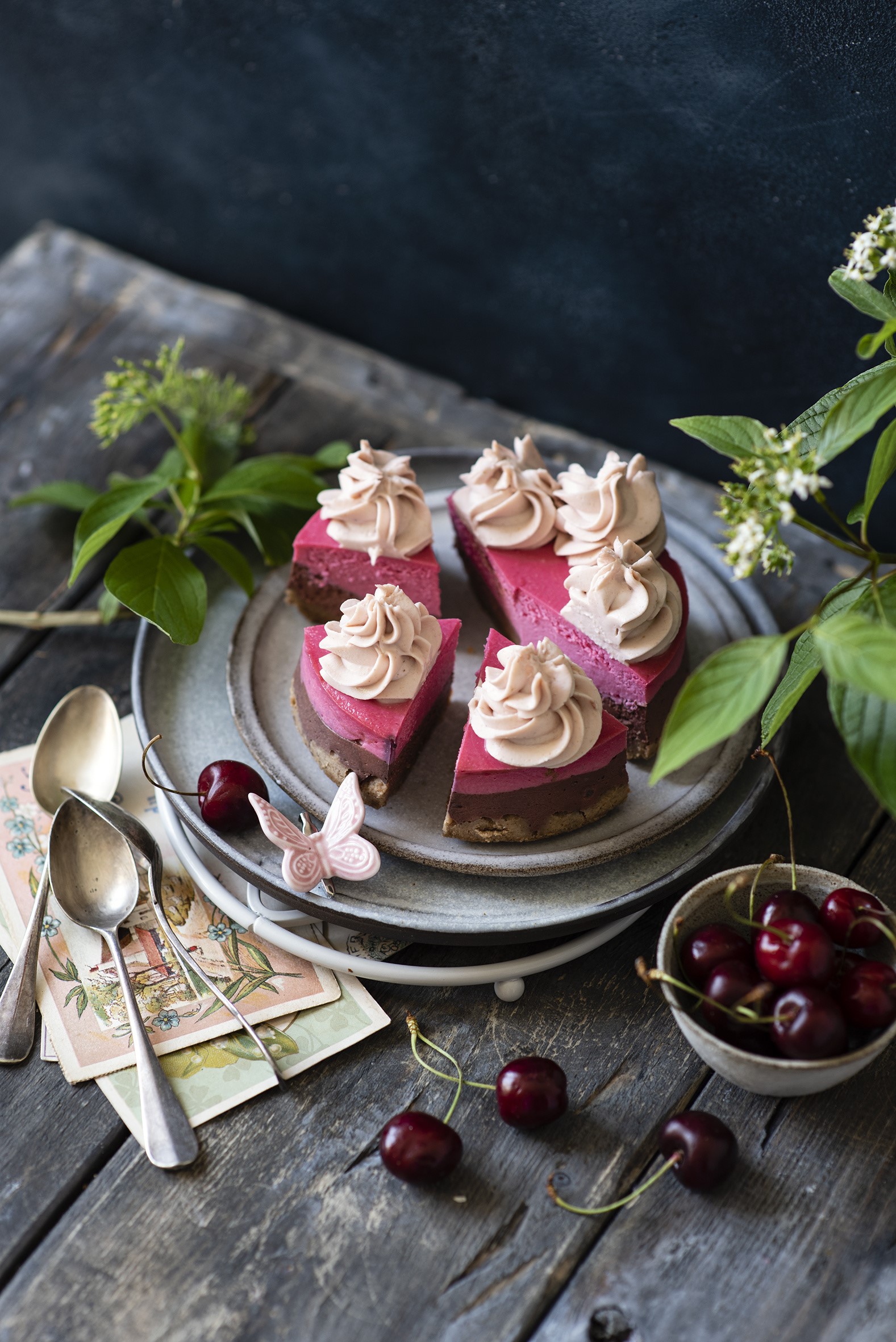 Cherry cakes with whipped cream and spoons HD Phone Wallpaper