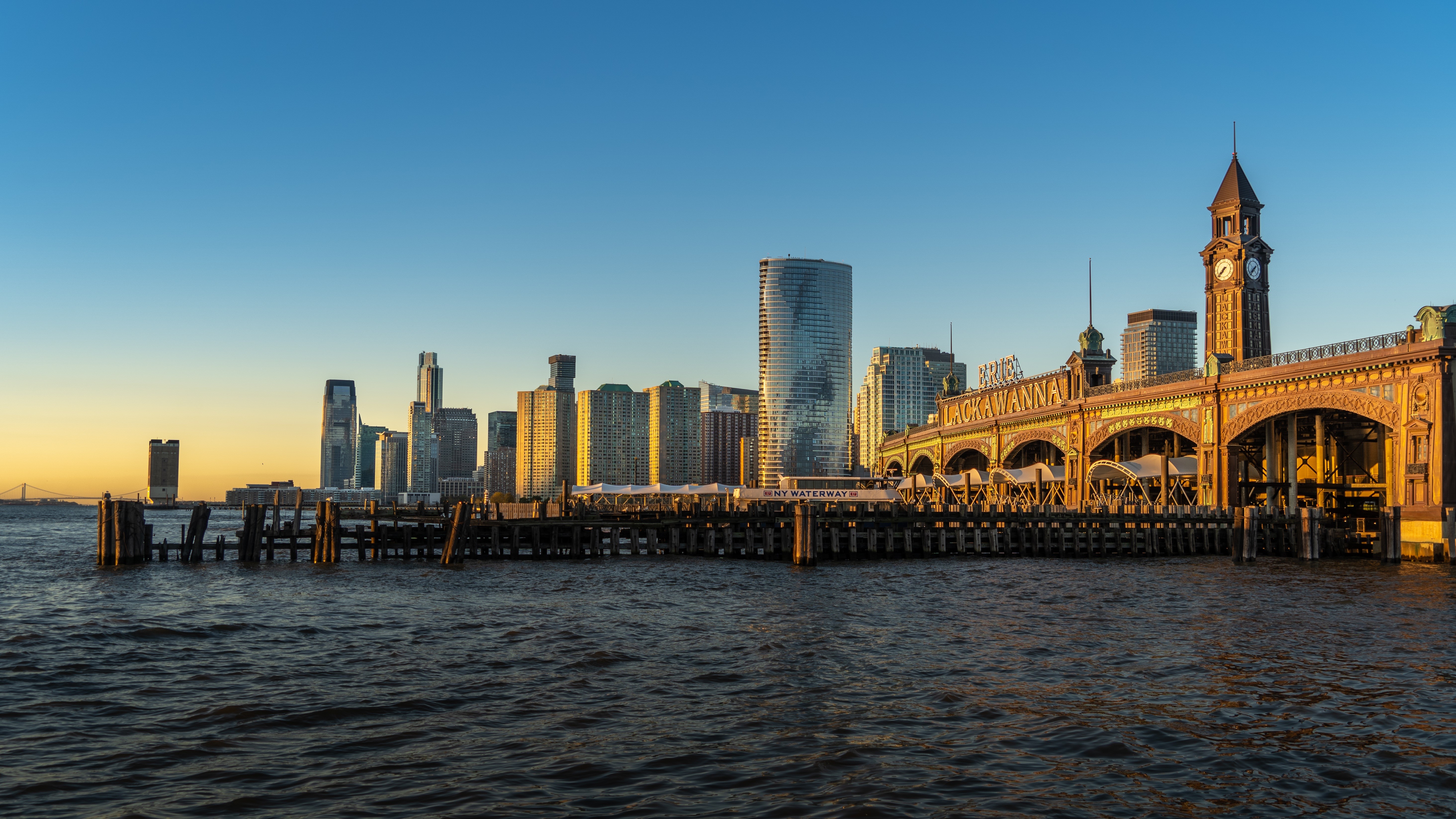 Hoboken skyline and Lackawanna Terminal at sunset HD Wallpaper