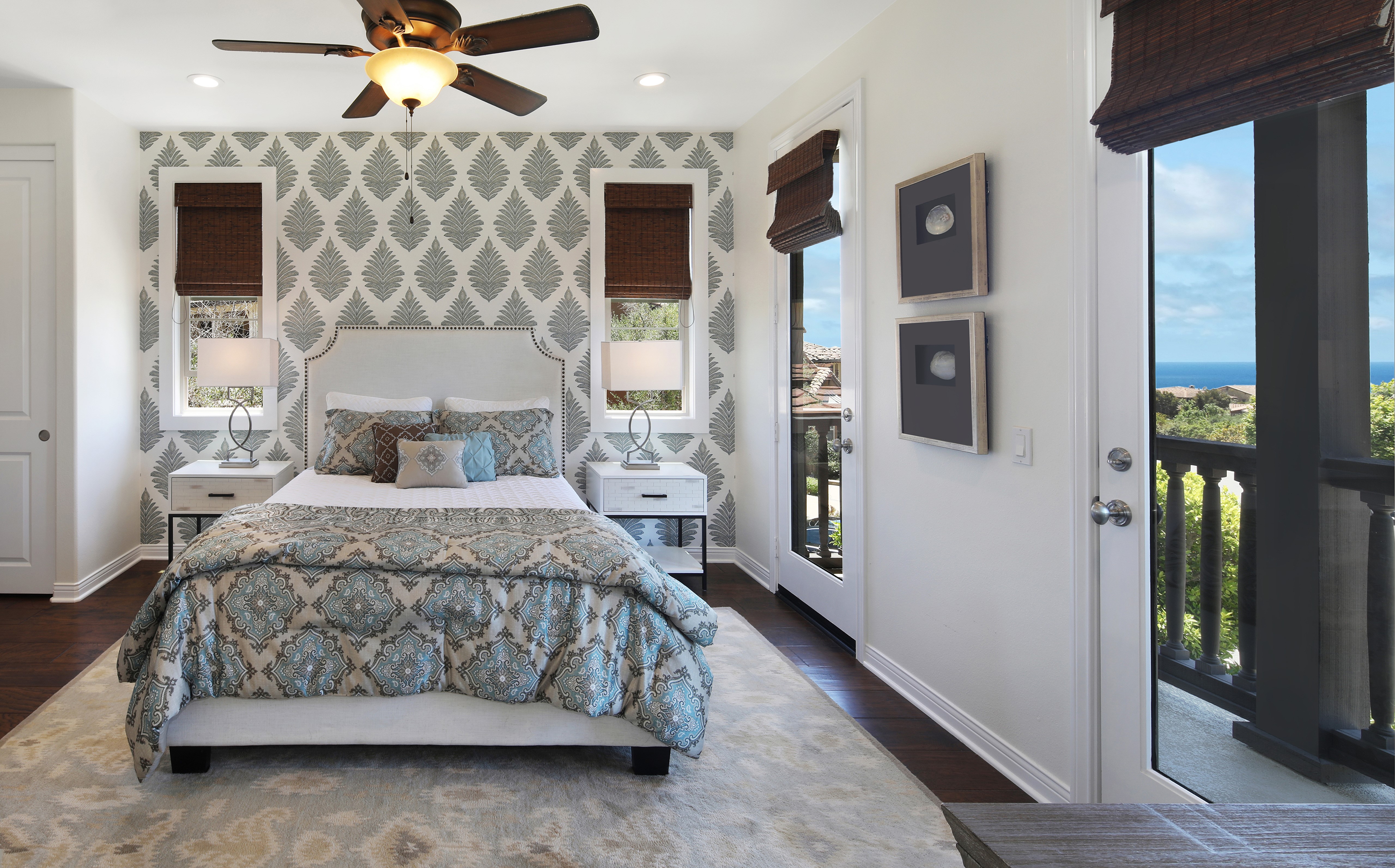 Bedroom with patterned wallpaper and ocean view HD Wallpaper
