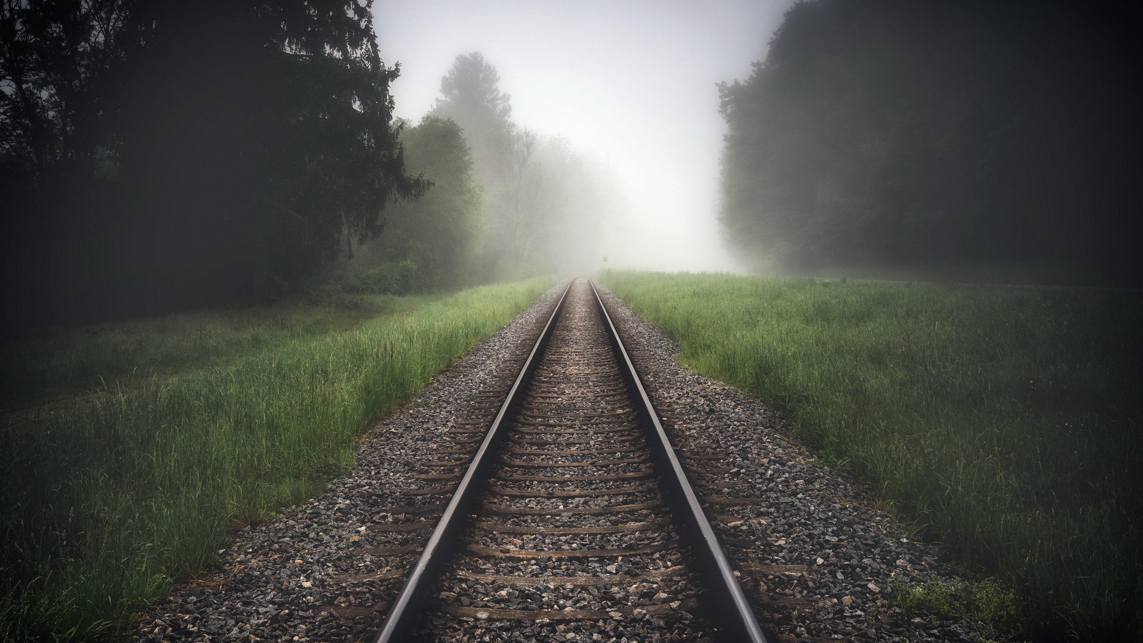 Railroad tracks disappearing into fog HD Wallpaper