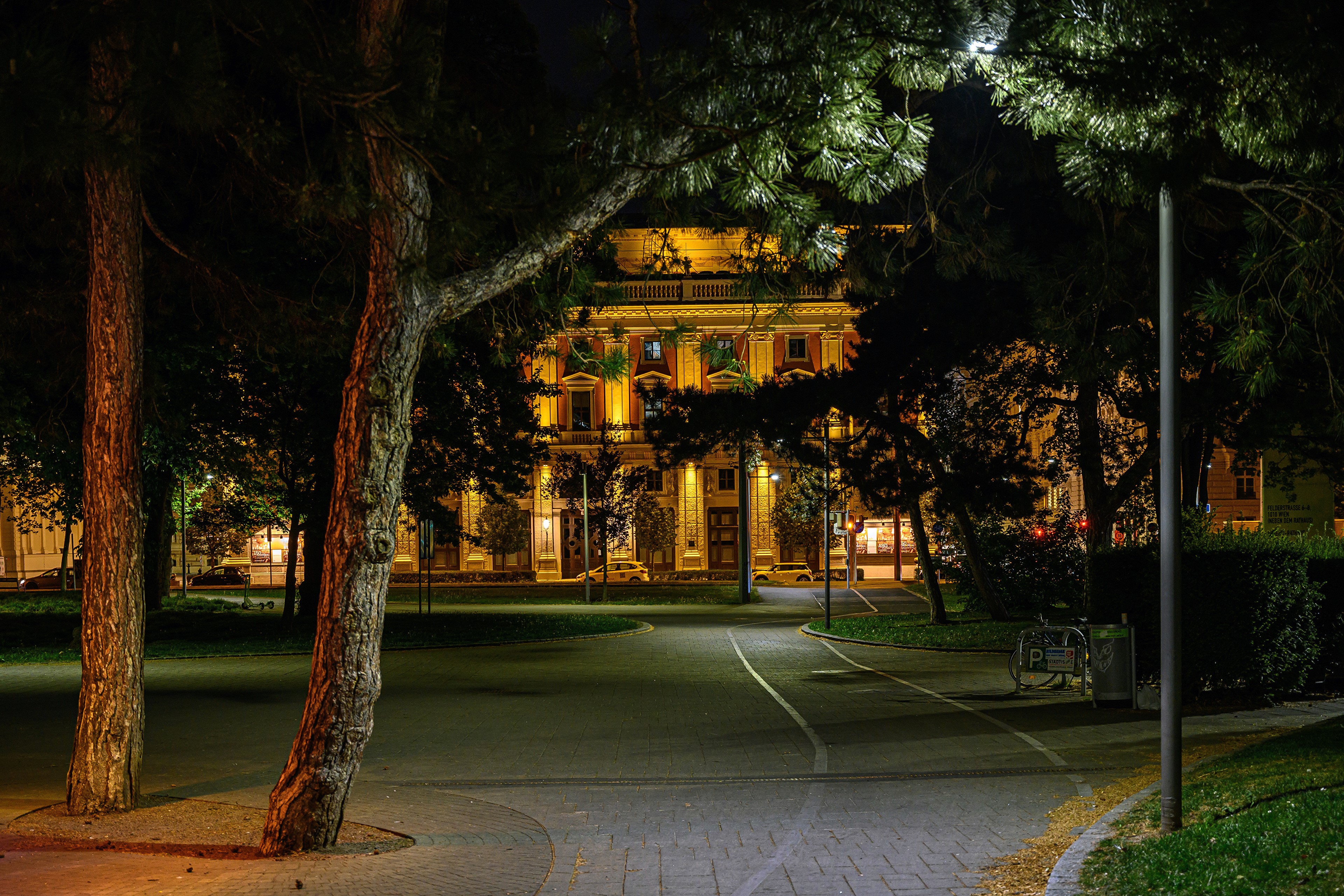 Building at night with trees in Vienna, Austria HD Wallpaper