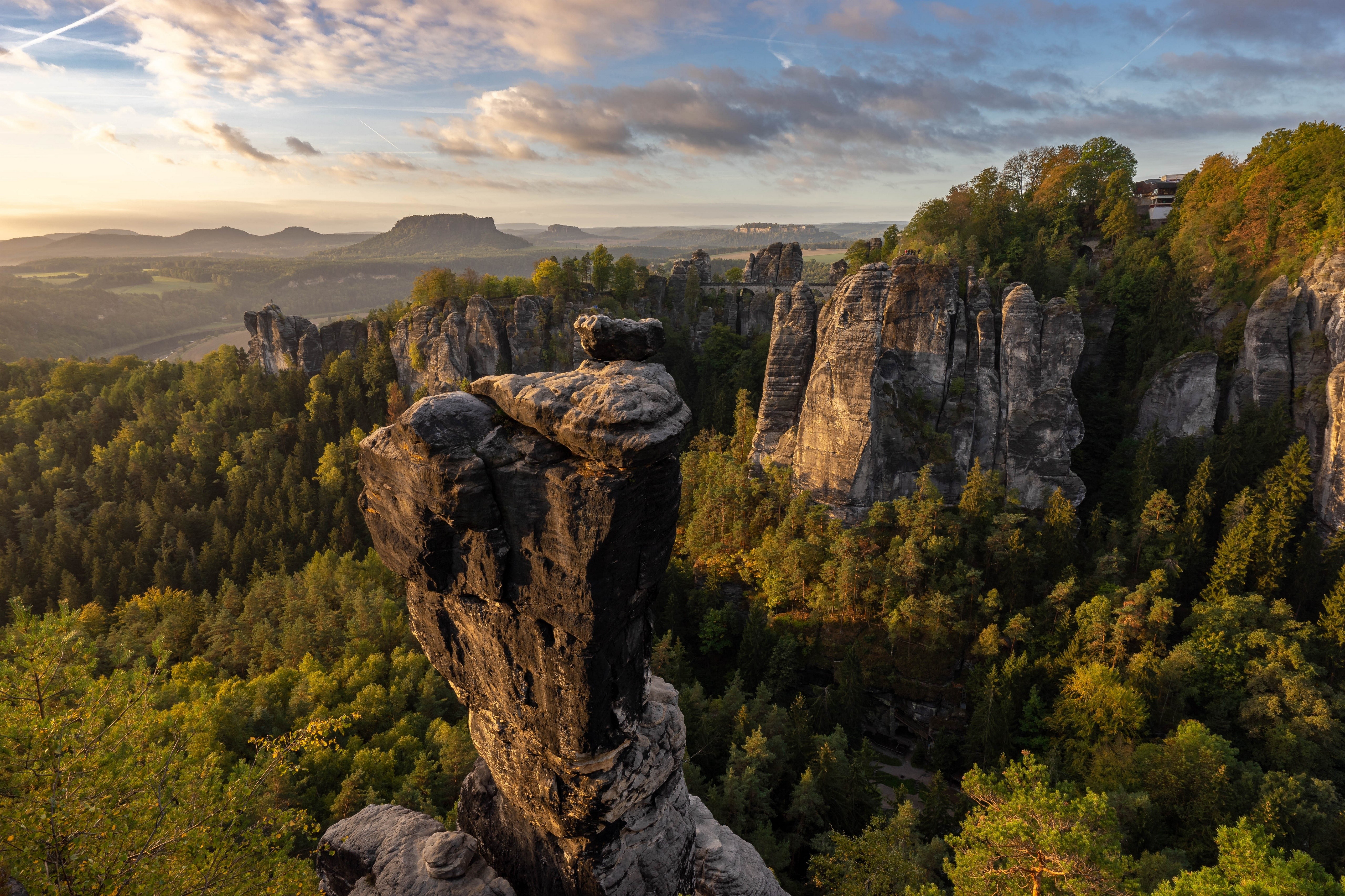 Bastei Germany Mountains Crag Trees Clouds HD Wallpaper