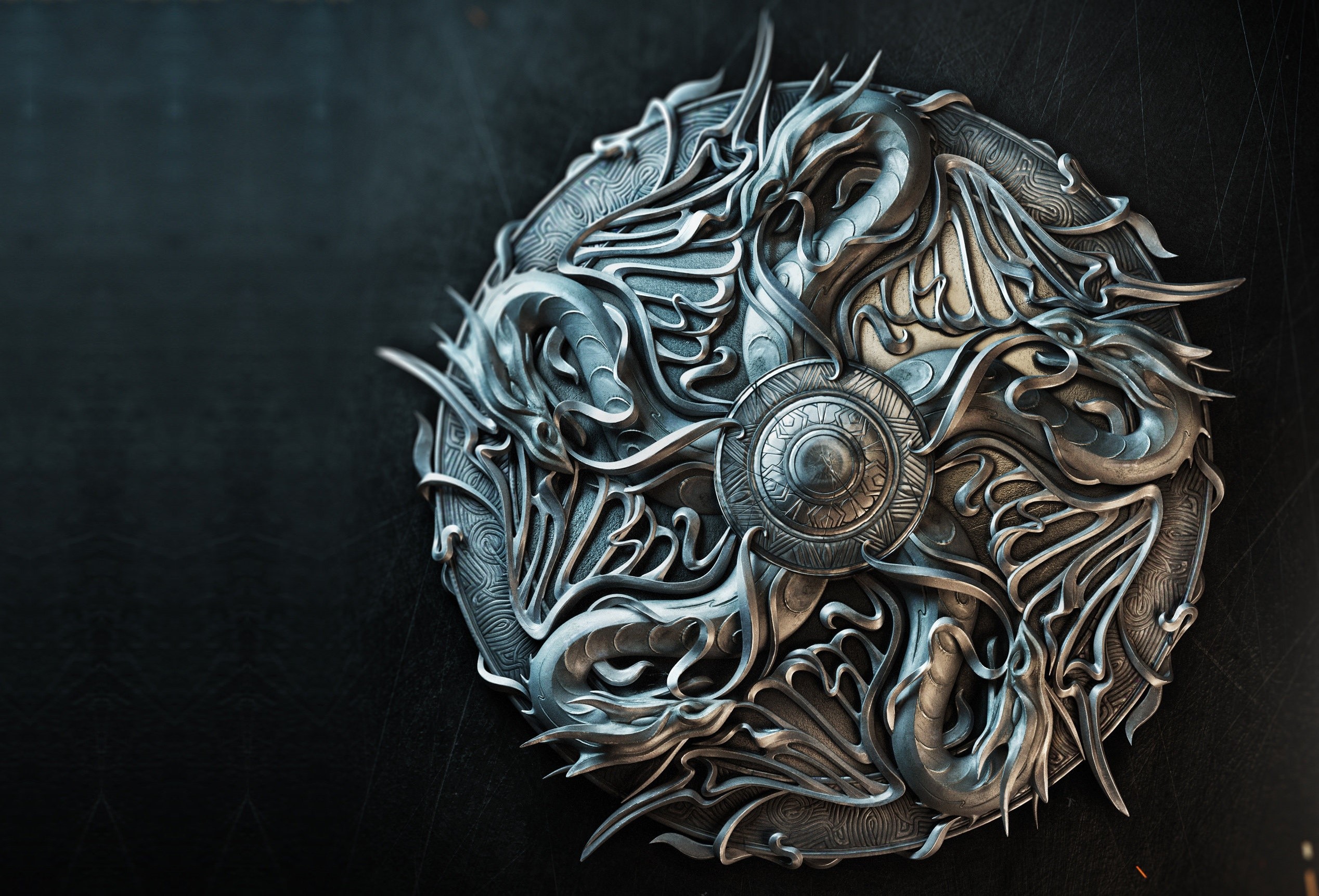 Metal shield with dragons illustration by Sasha Vinogradova HD Wallpaper