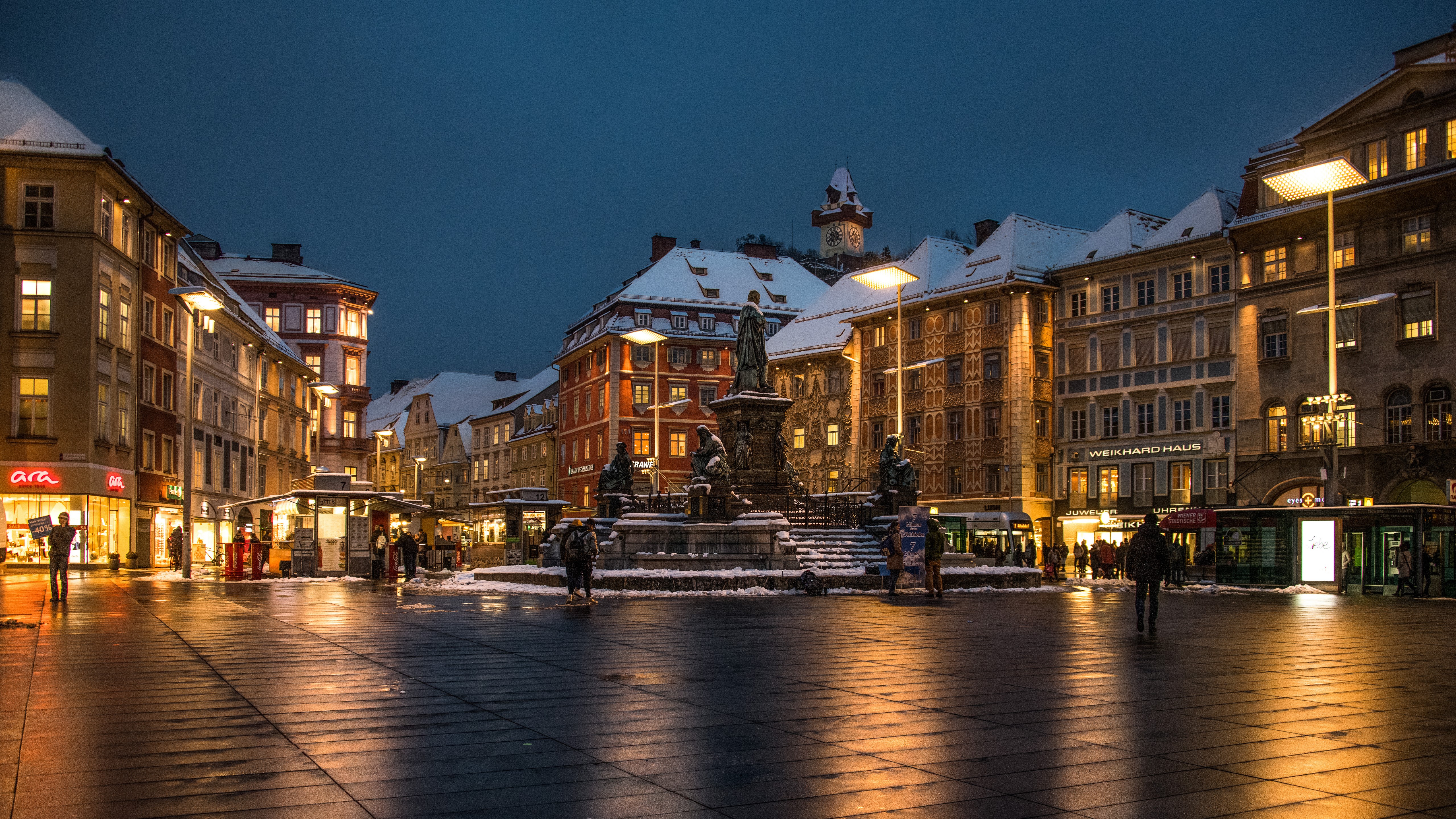 Graz Austria Town Square Evening Snow HD Wallpaper