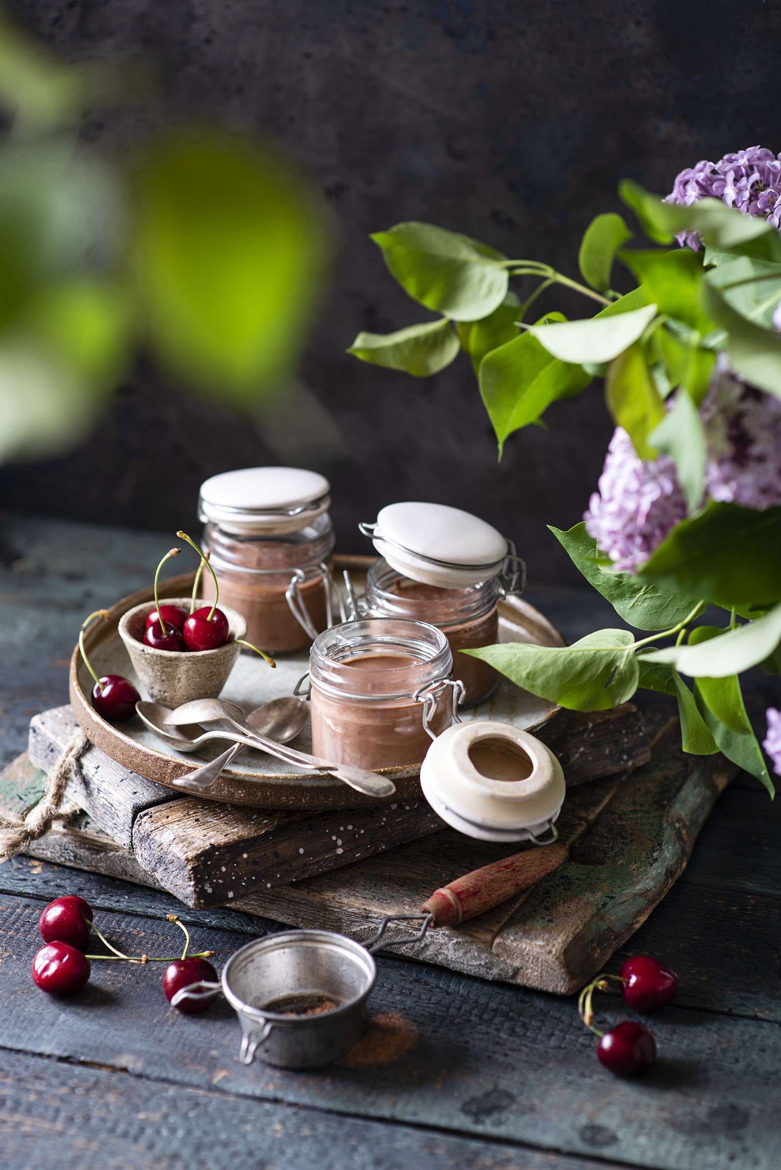 Chocolate mousse jars with cherries and lilac HD Phone Wallpaper