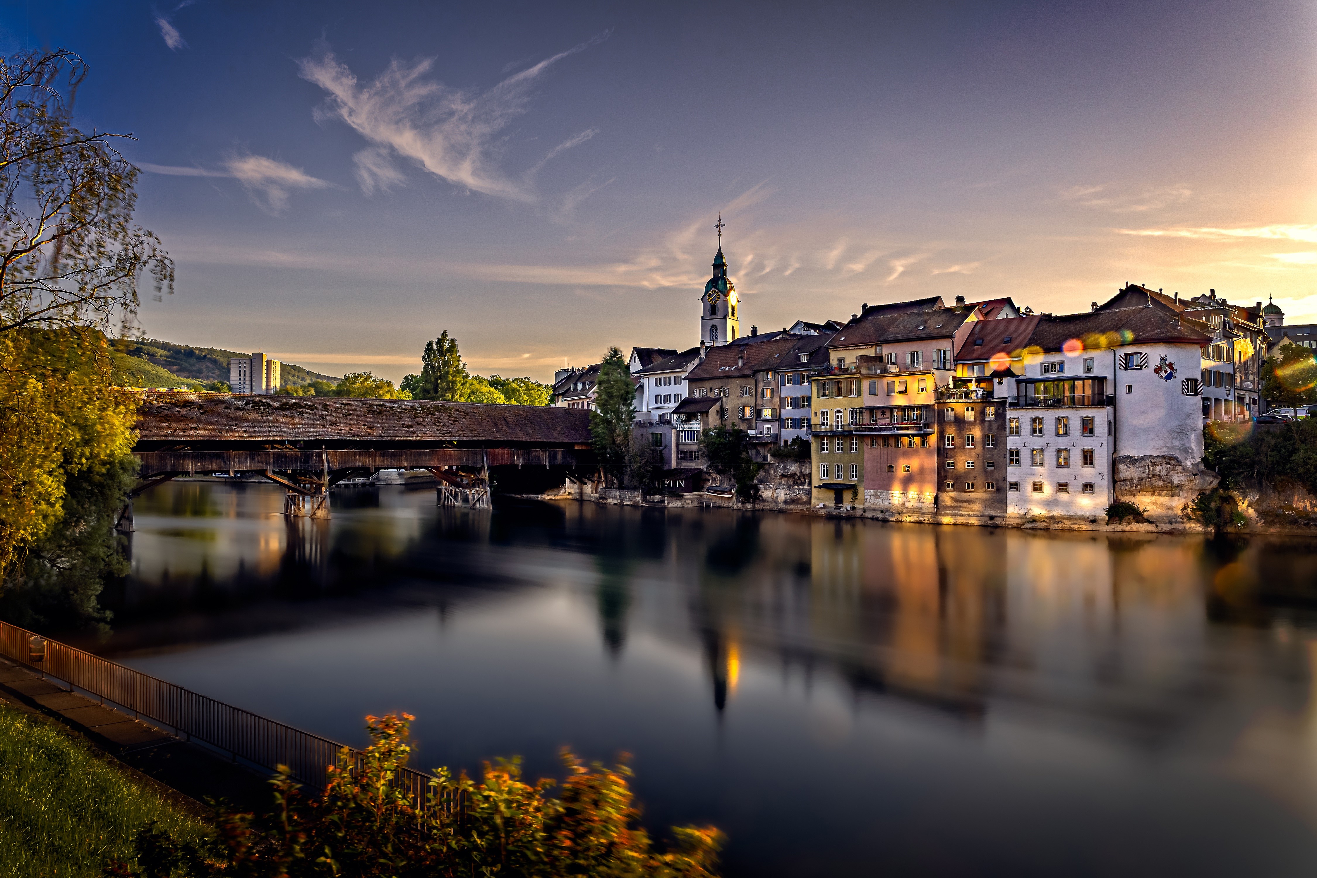 4K Aare River with Bridge in Olten, Switzerland at Evening HD Wallpaper