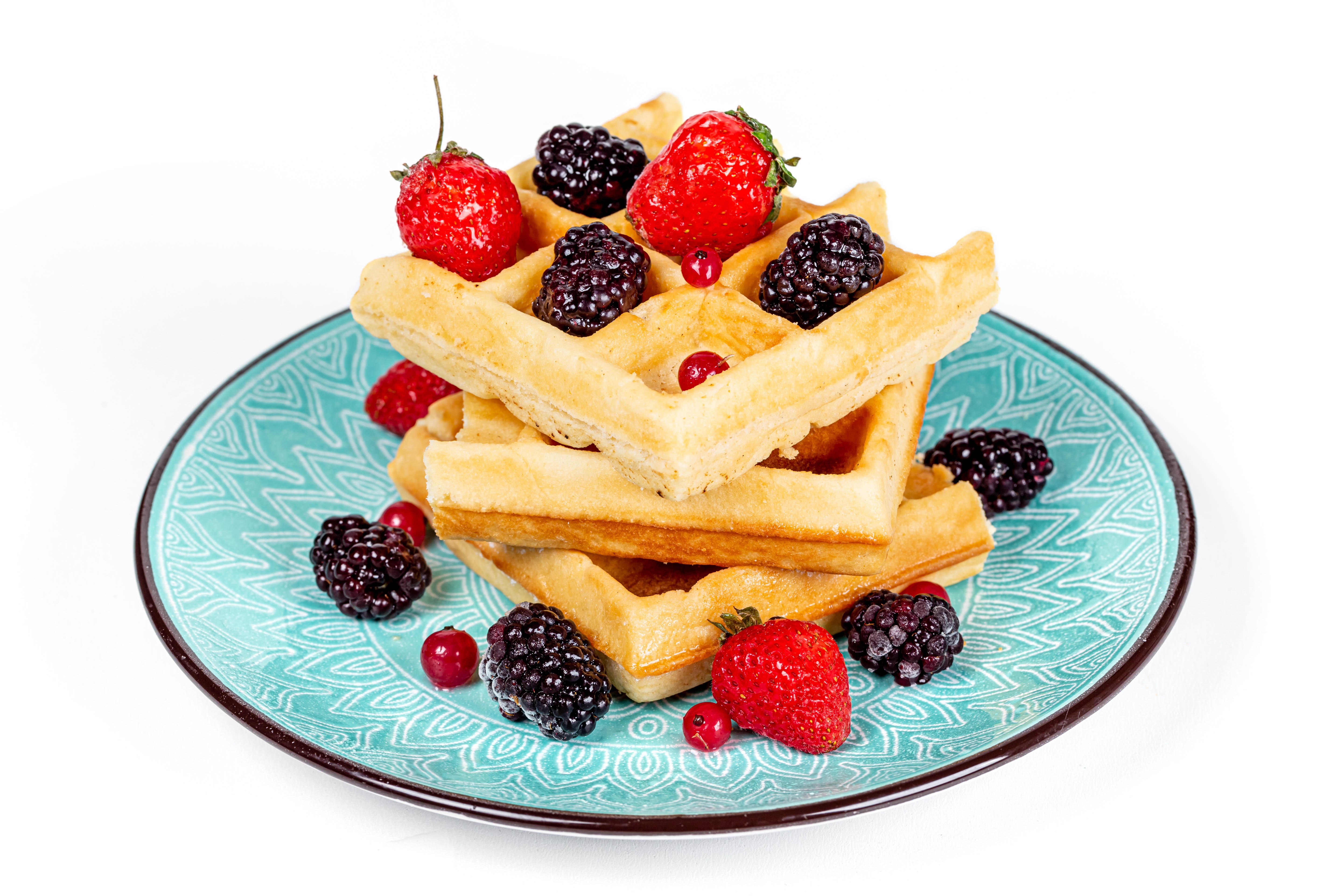 Waffles with Strawberries and Blackberries on a Plate HD Wallpaper