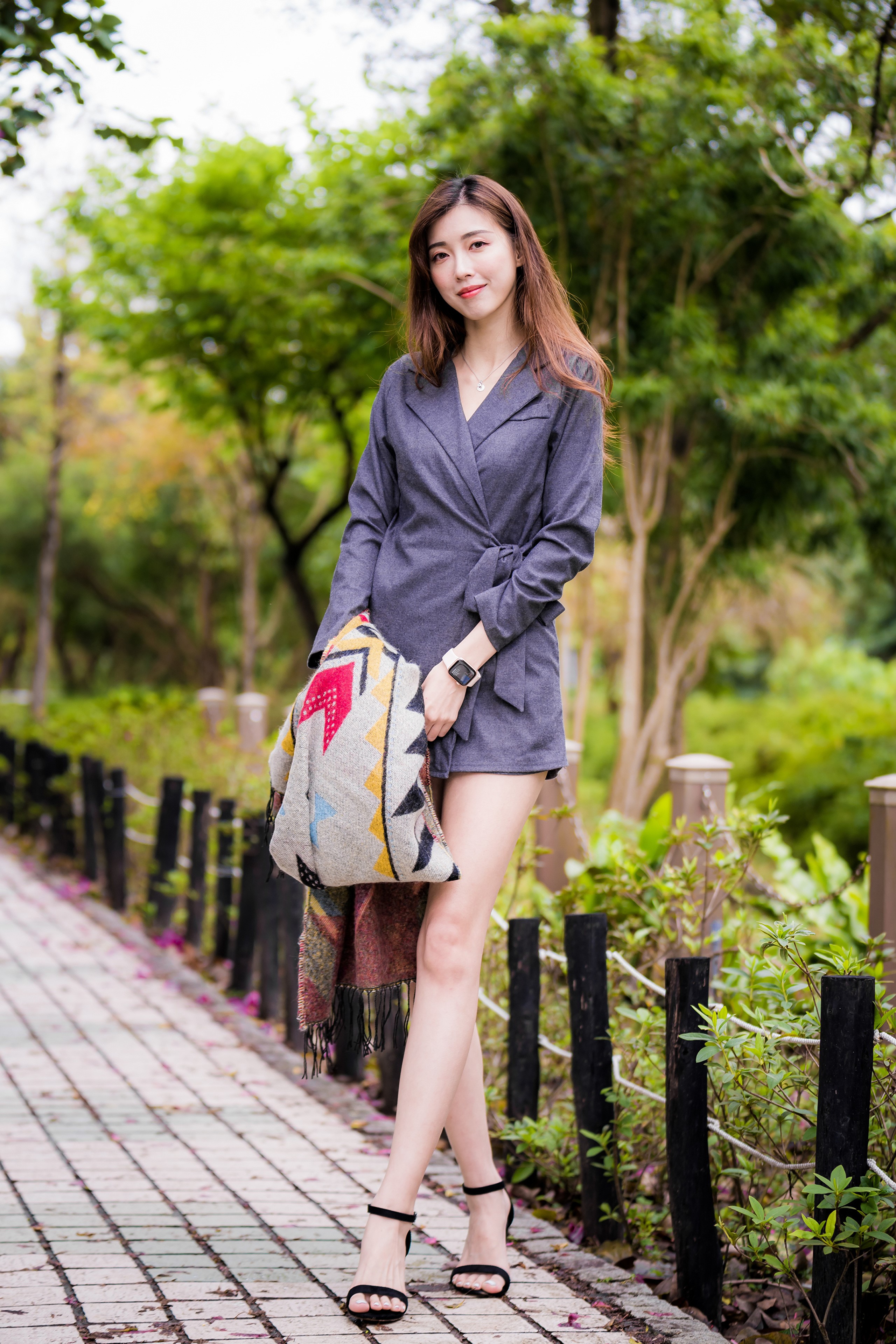 Asian Woman in Grey Dress Posing Outdoors HD Phone Wallpaper