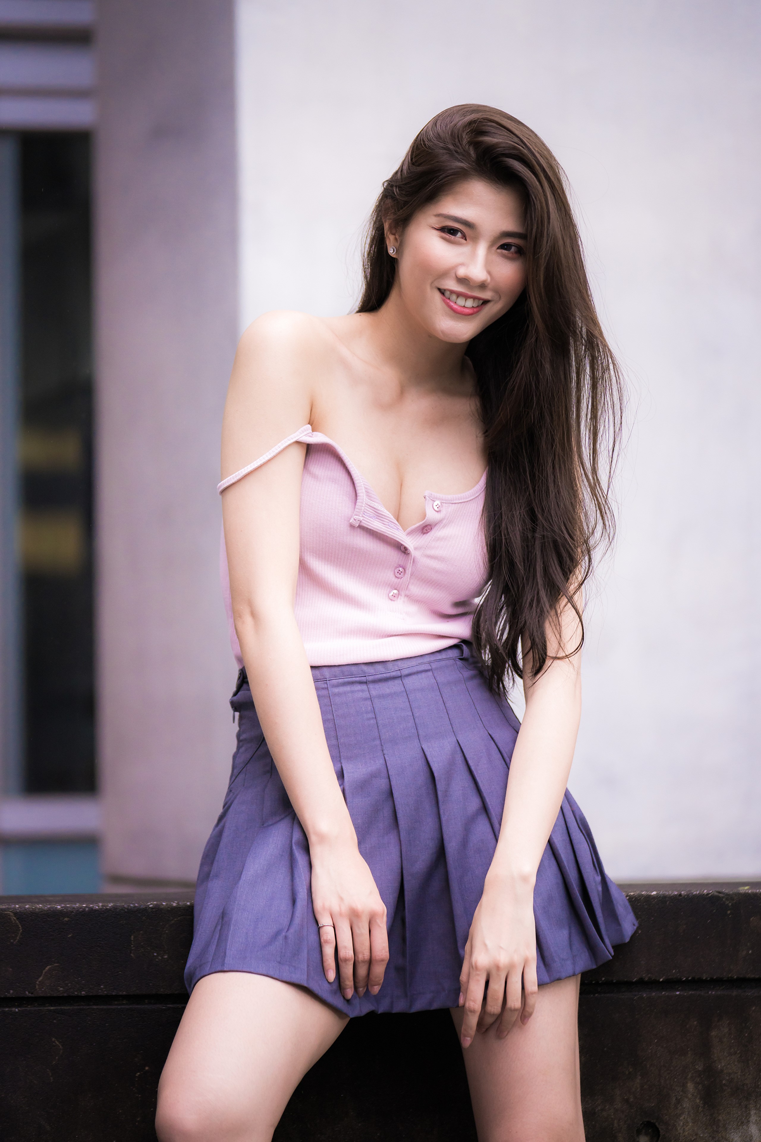 Asian Woman Smiling with Purple Skirt HD Phone Wallpaper