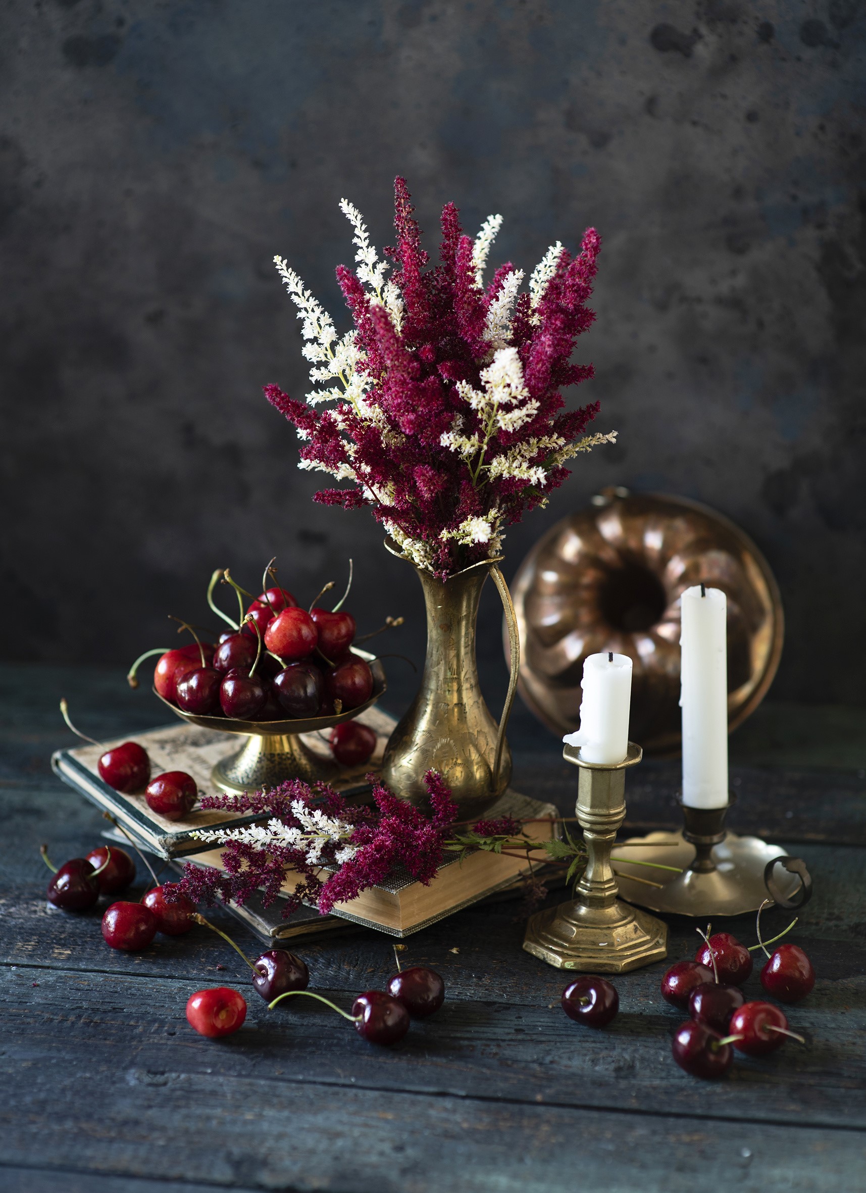 Still life with cherries, flowers, and candles HD Phone Wallpaper
