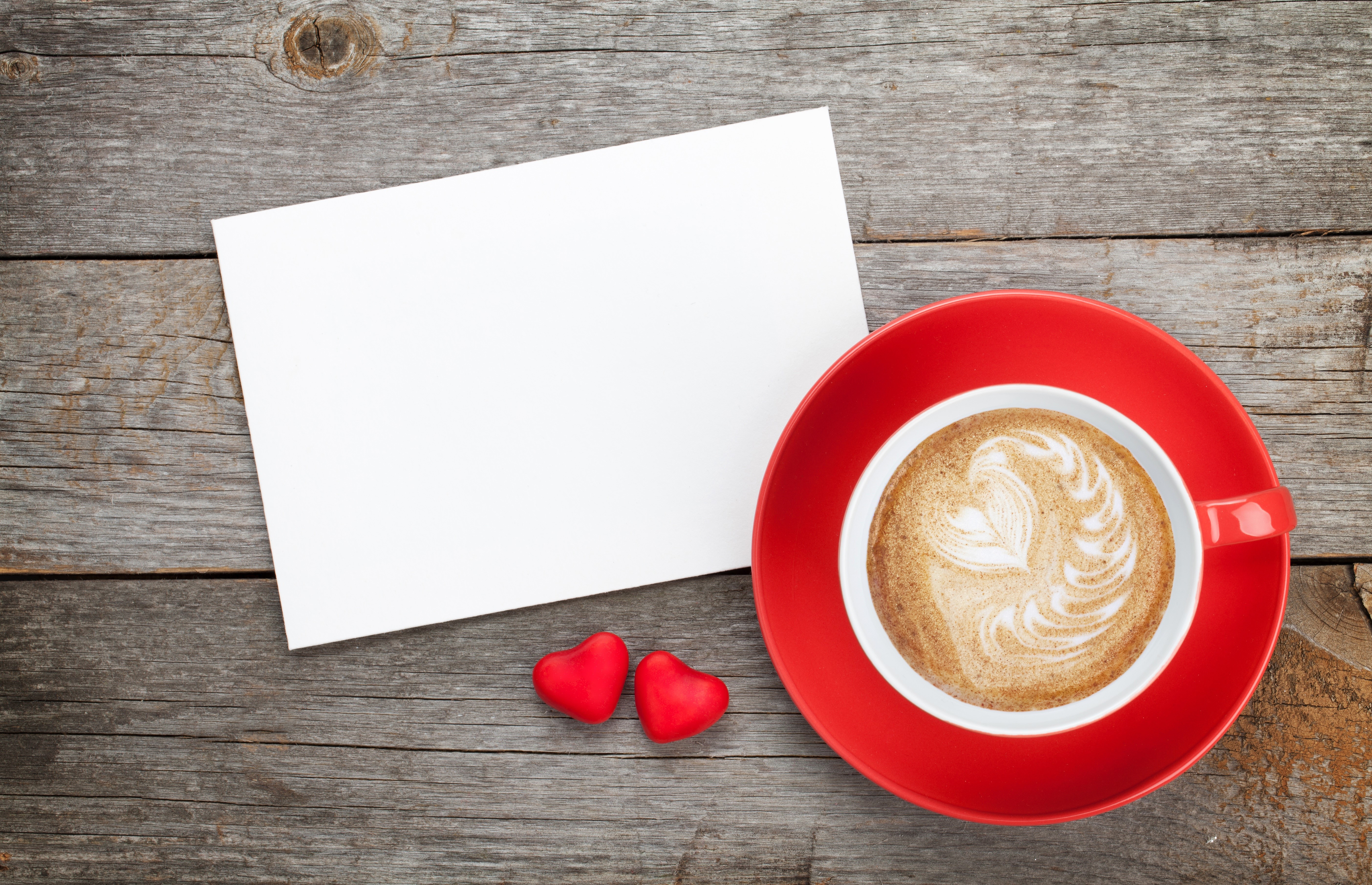 Valentine's Day coffee with blank card and hearts HD Wallpaper