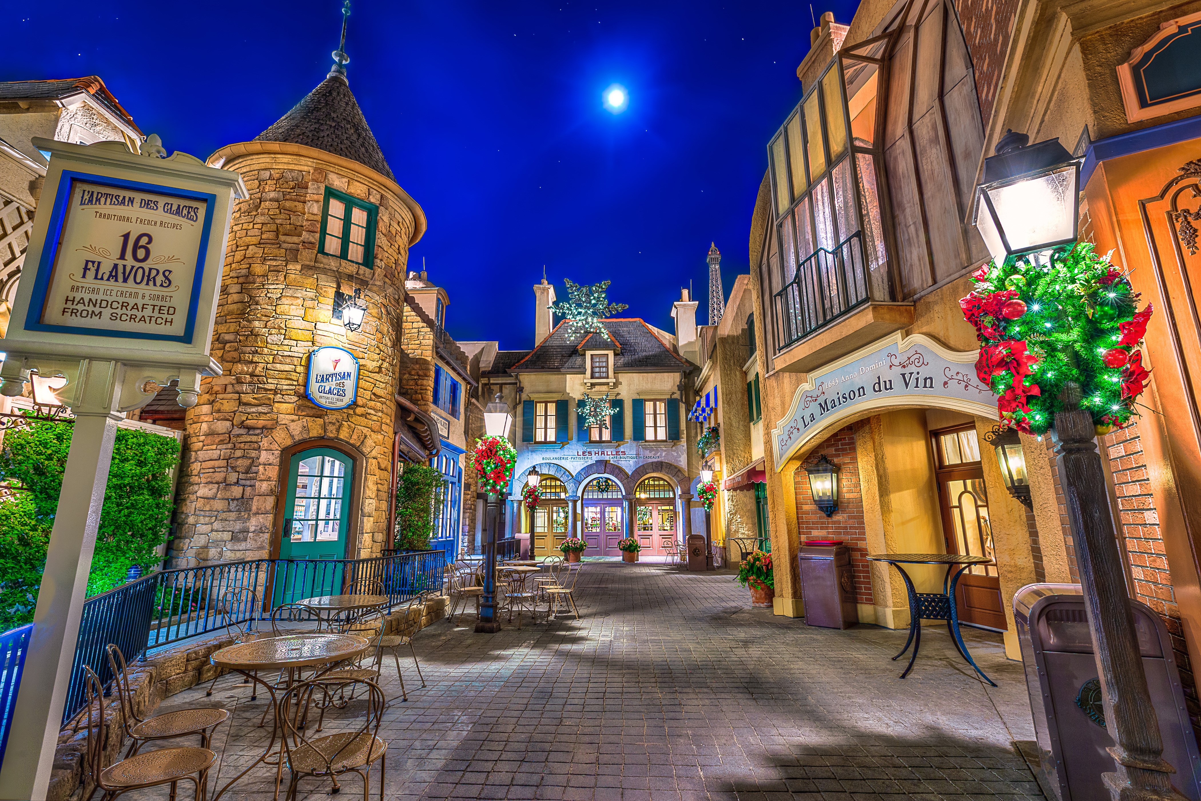 Street scene at night in France pavilion, Epcot HD Wallpaper