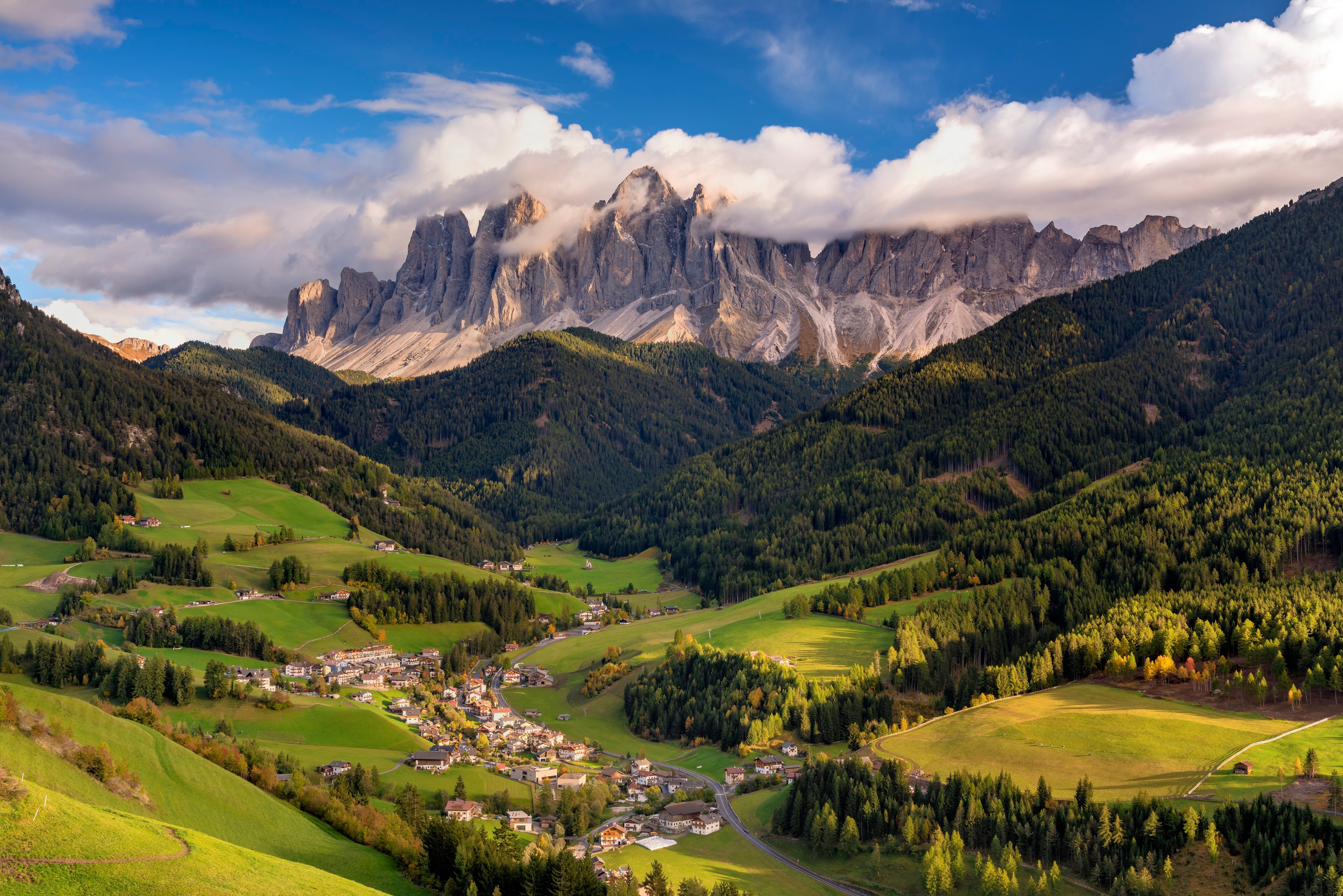 Villnoess Valley Dolomites Italy Mountains Alps Clouds HD Wallpaper