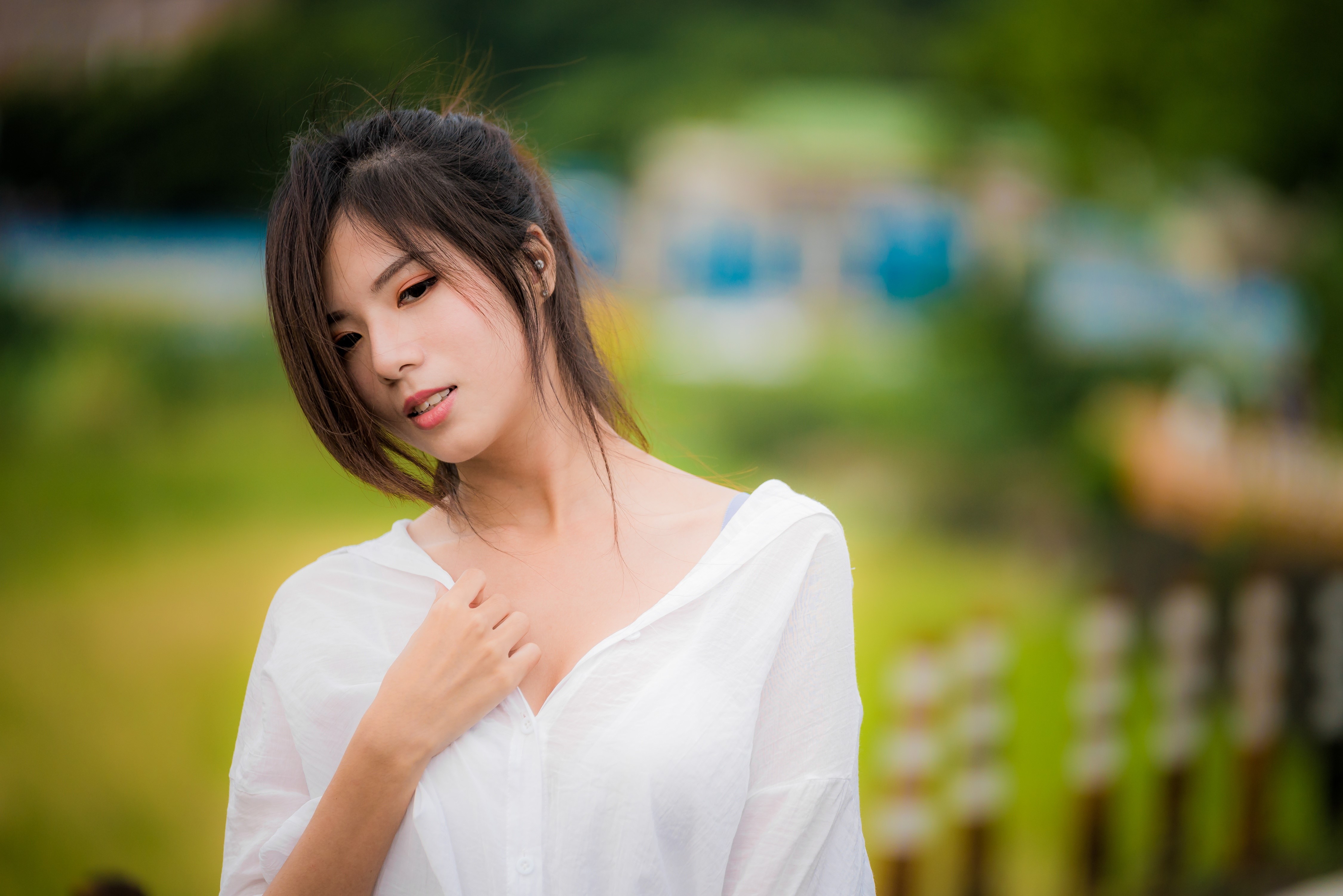 4K Portrait of Asian Woman with Brown Hair HD Wallpaper