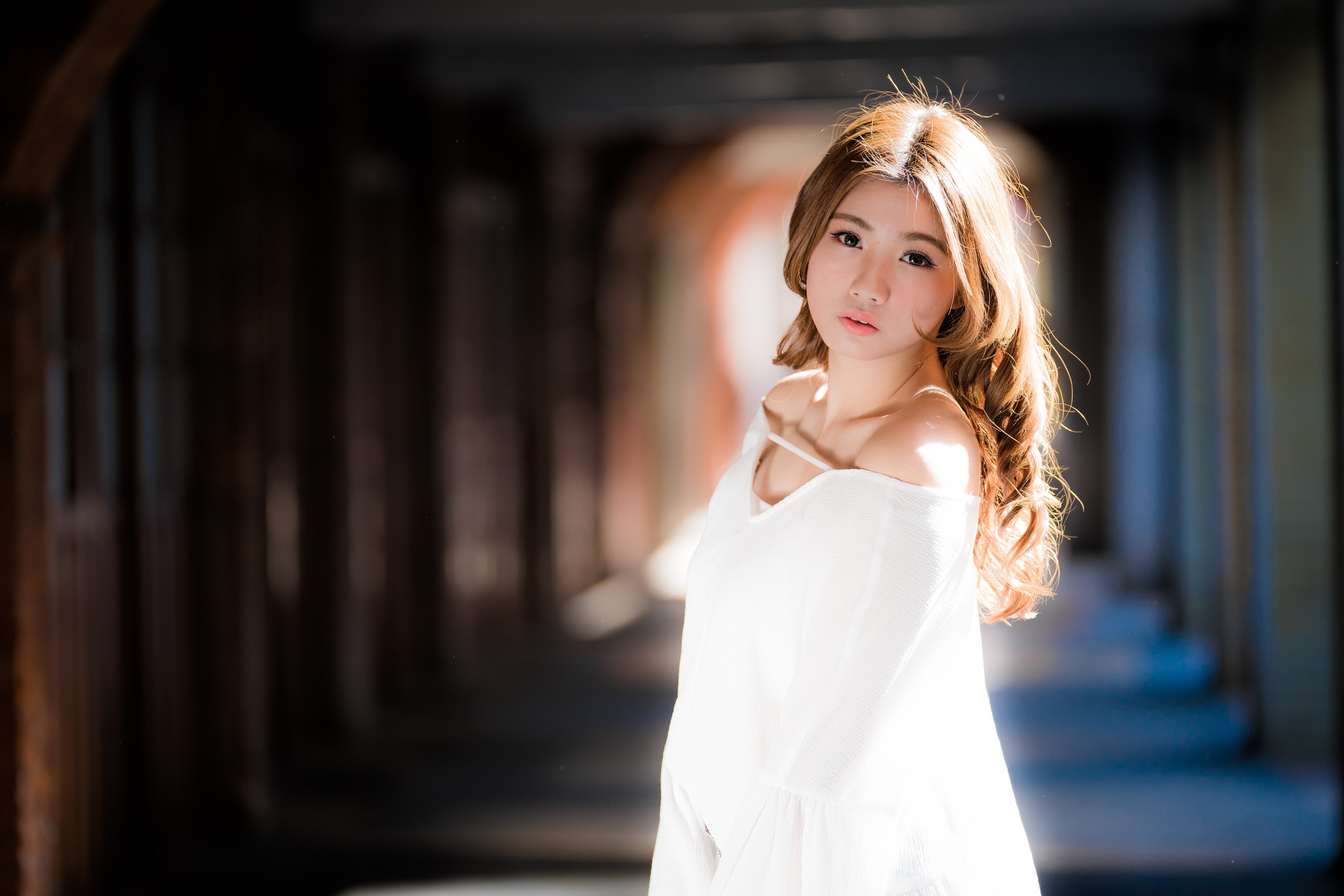 4K Asian Woman with Brown Hair and Bokeh HD Wallpaper