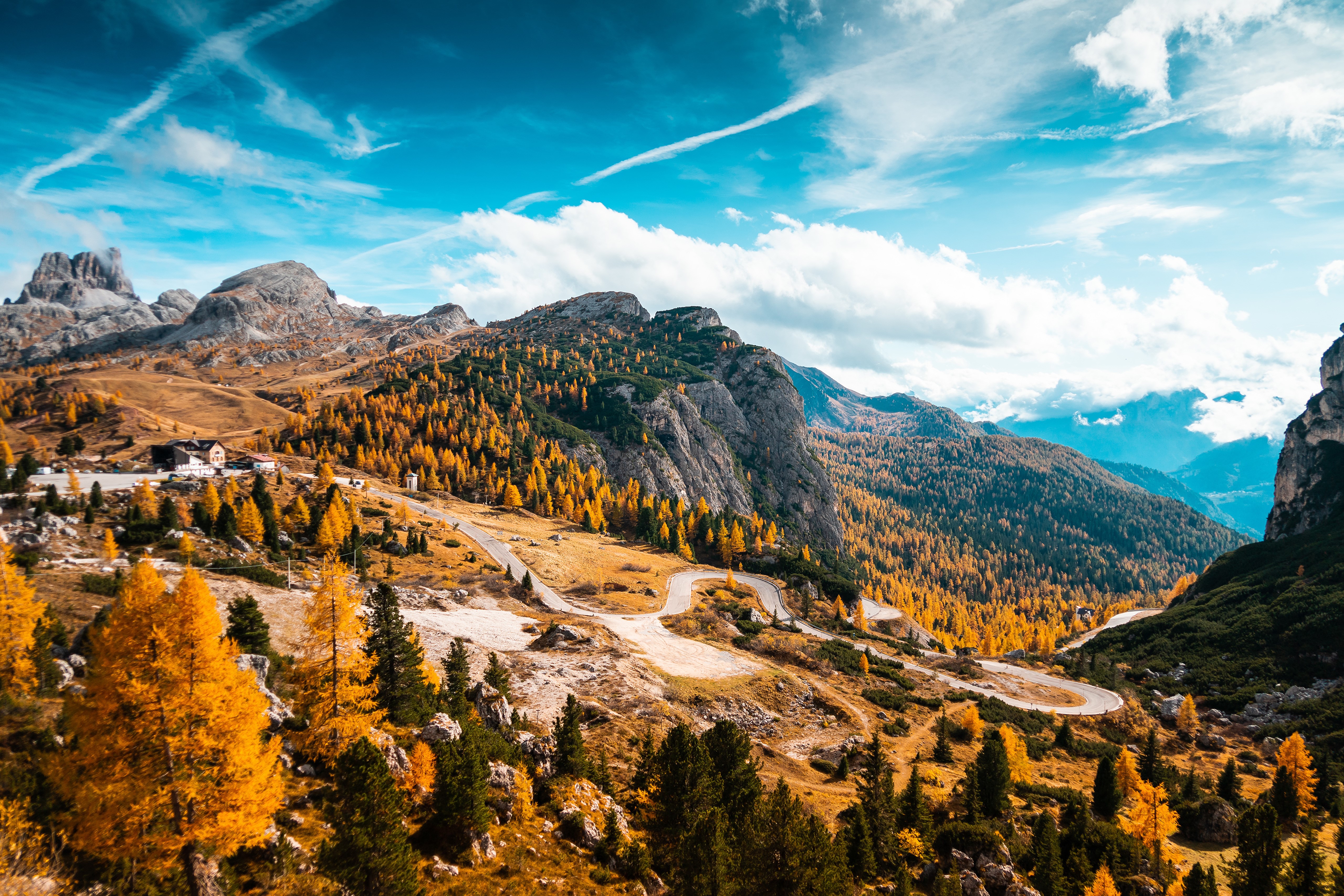 Falzarego Pass Dolomites Italy Autumn Mountains Road HD Wallpaper