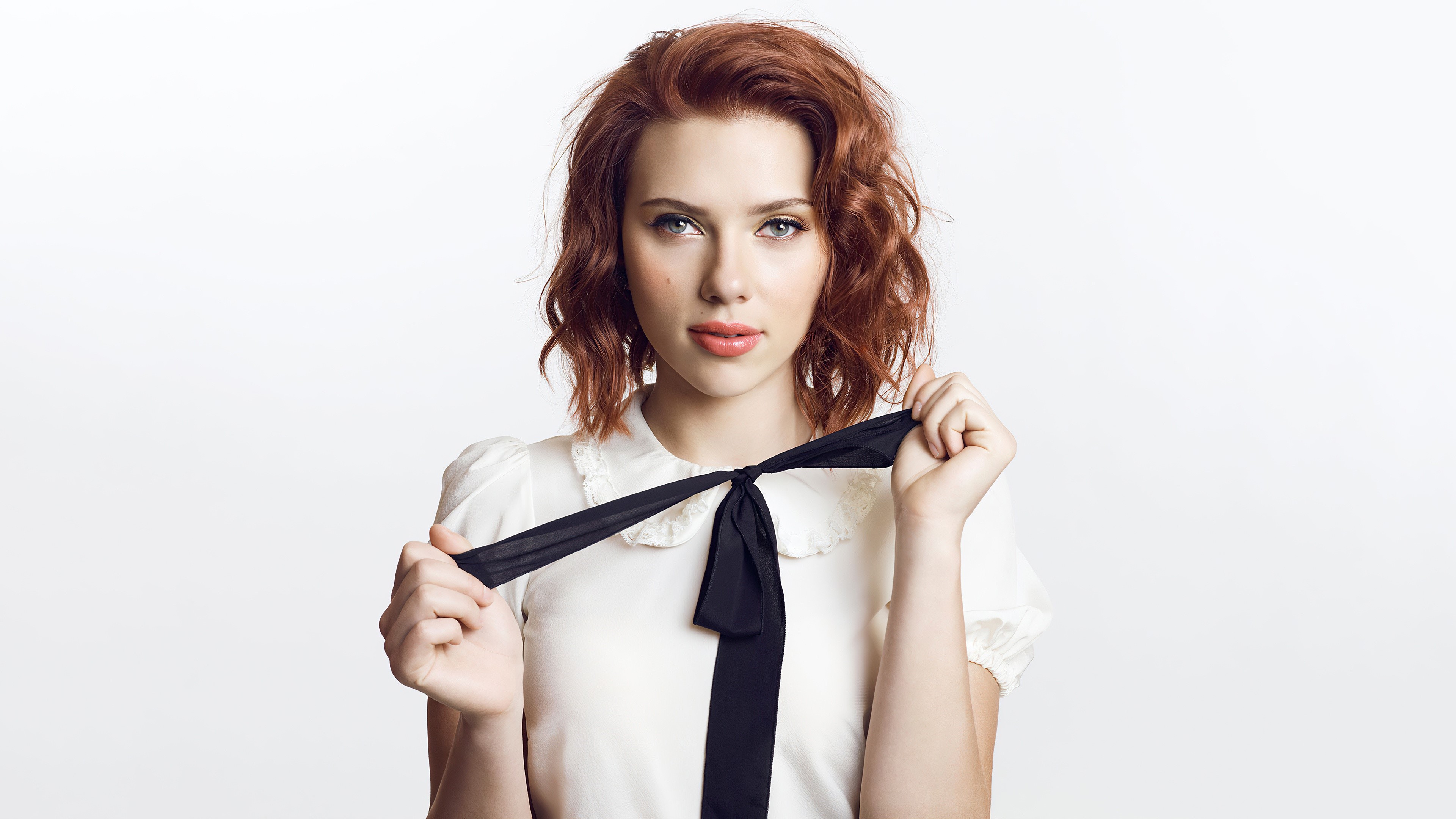 Scarlett Johansson with red hair and black bow tie HD Wallpaper