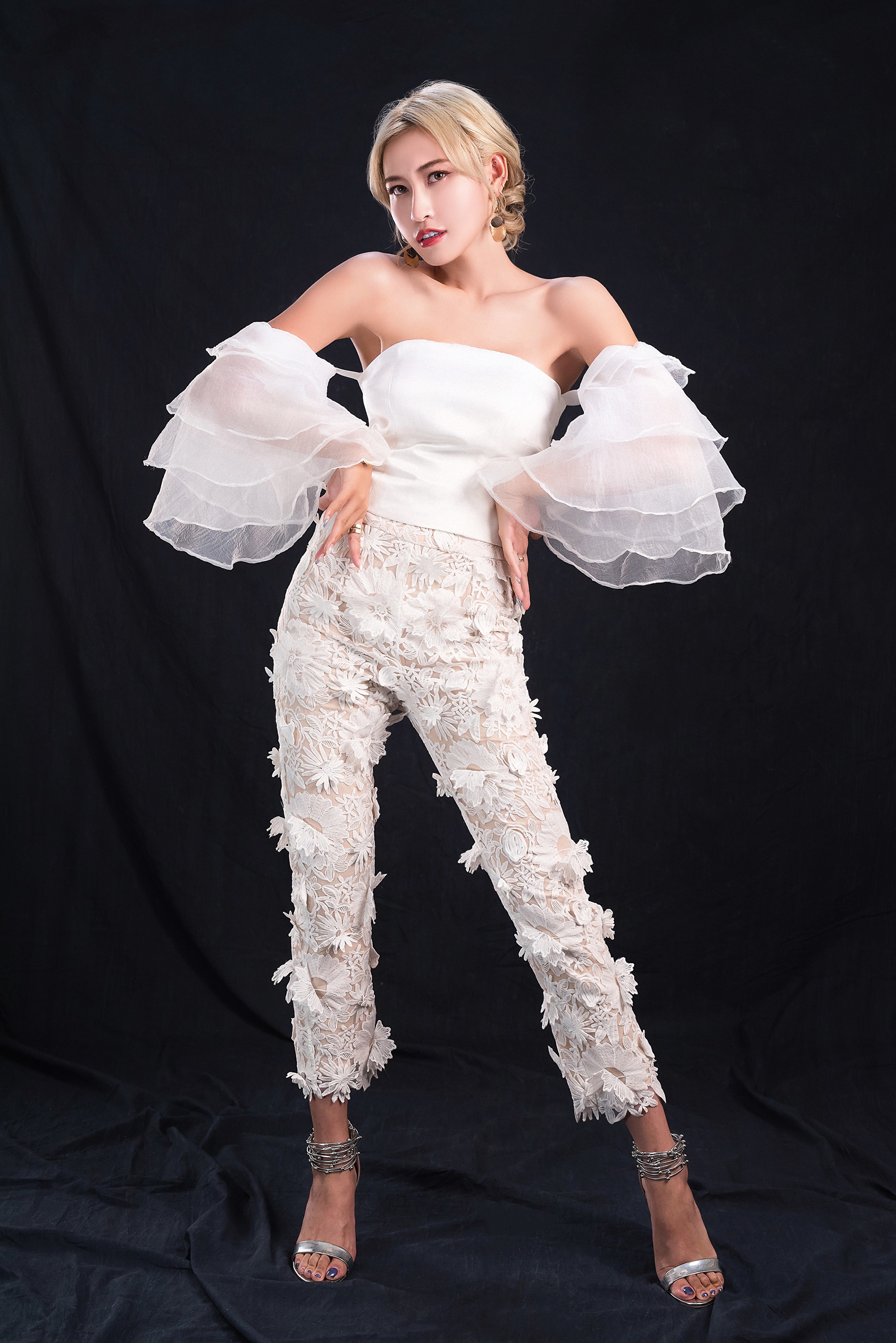 Asian woman with blonde hair posing in white outfit HD Phone Wallpaper
