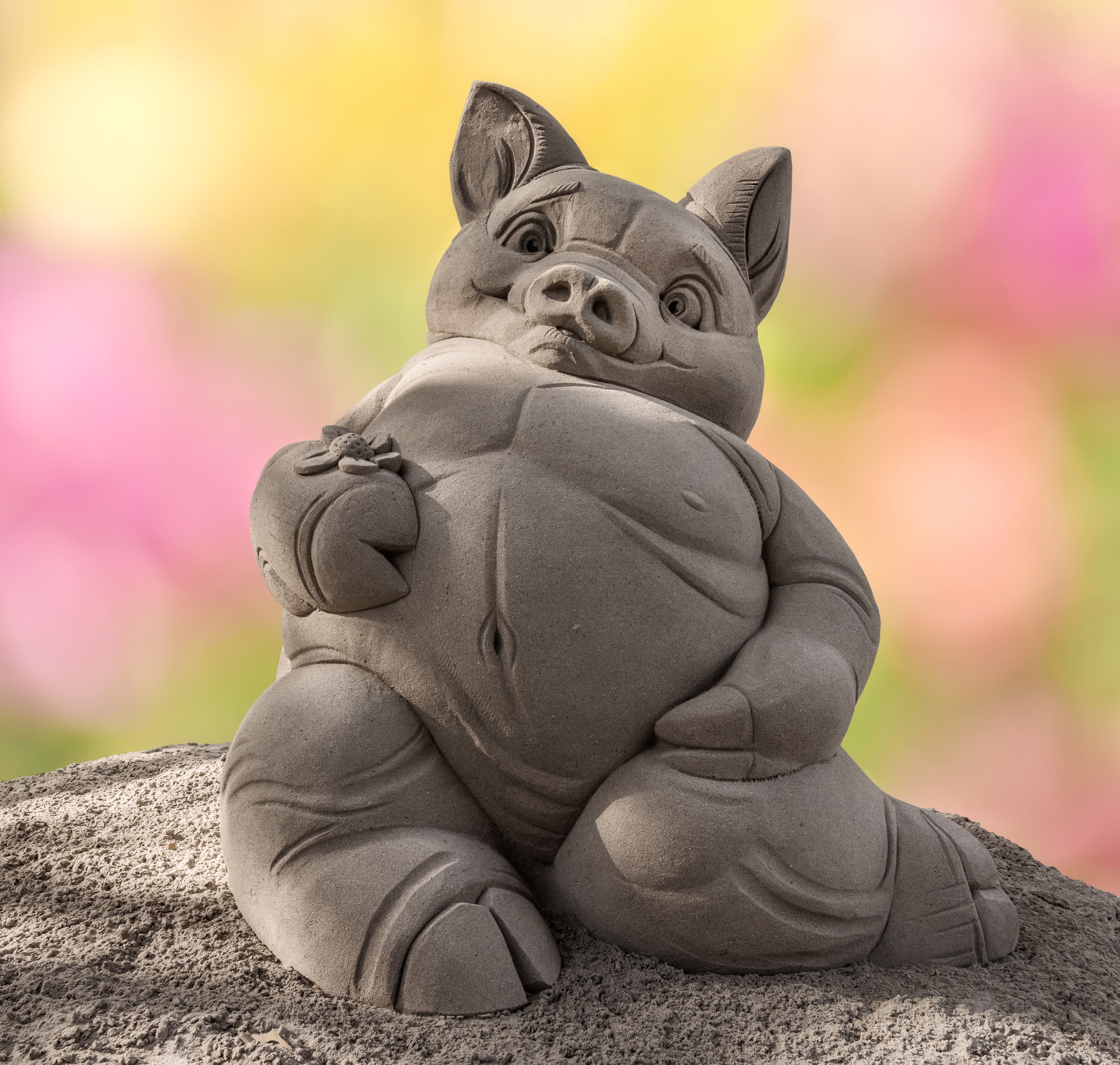 Sand sculpture of a pig holding a flower HD Wallpaper
