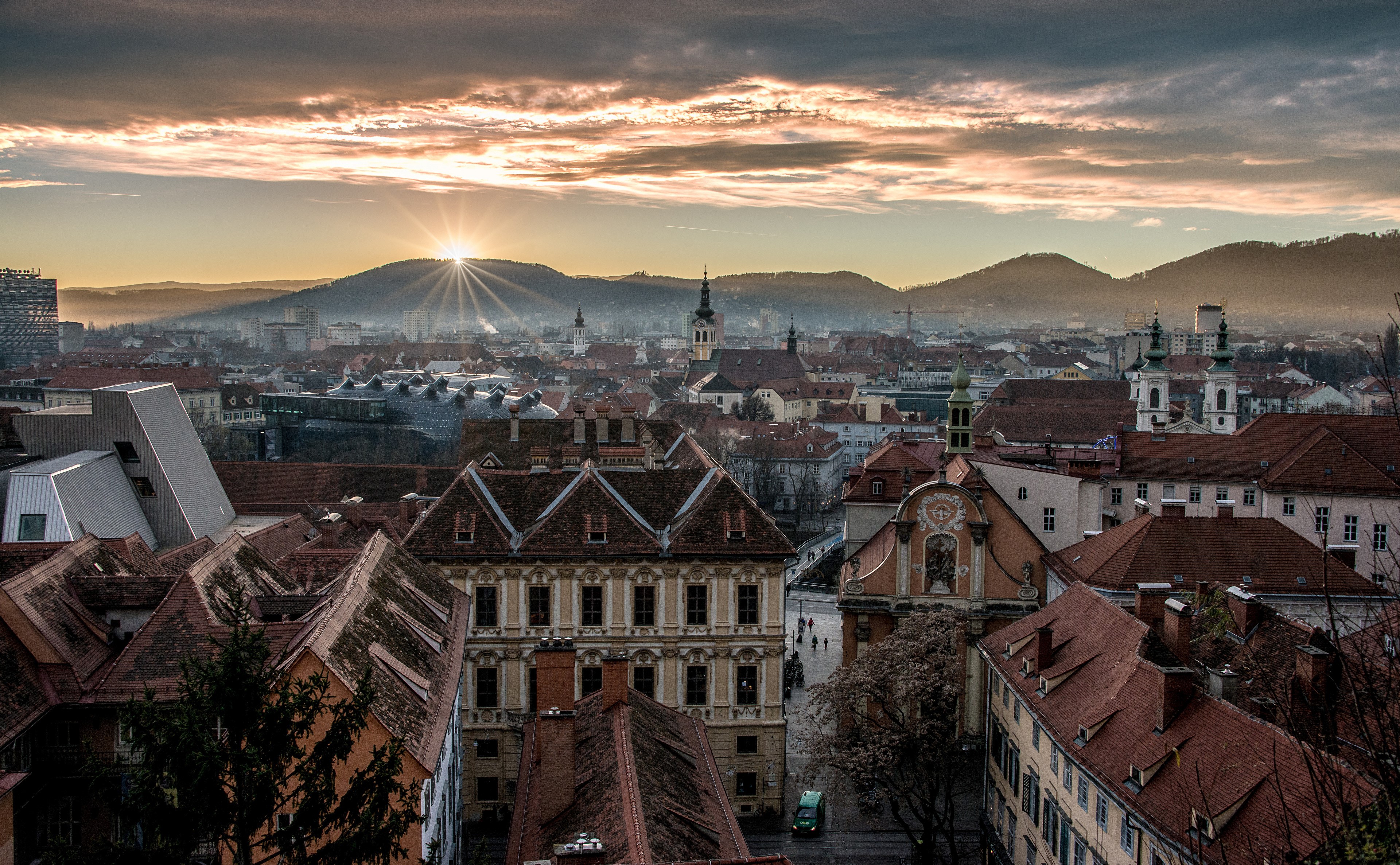 Graz, Austria: Sunrise over city and mountains HD Wallpaper
