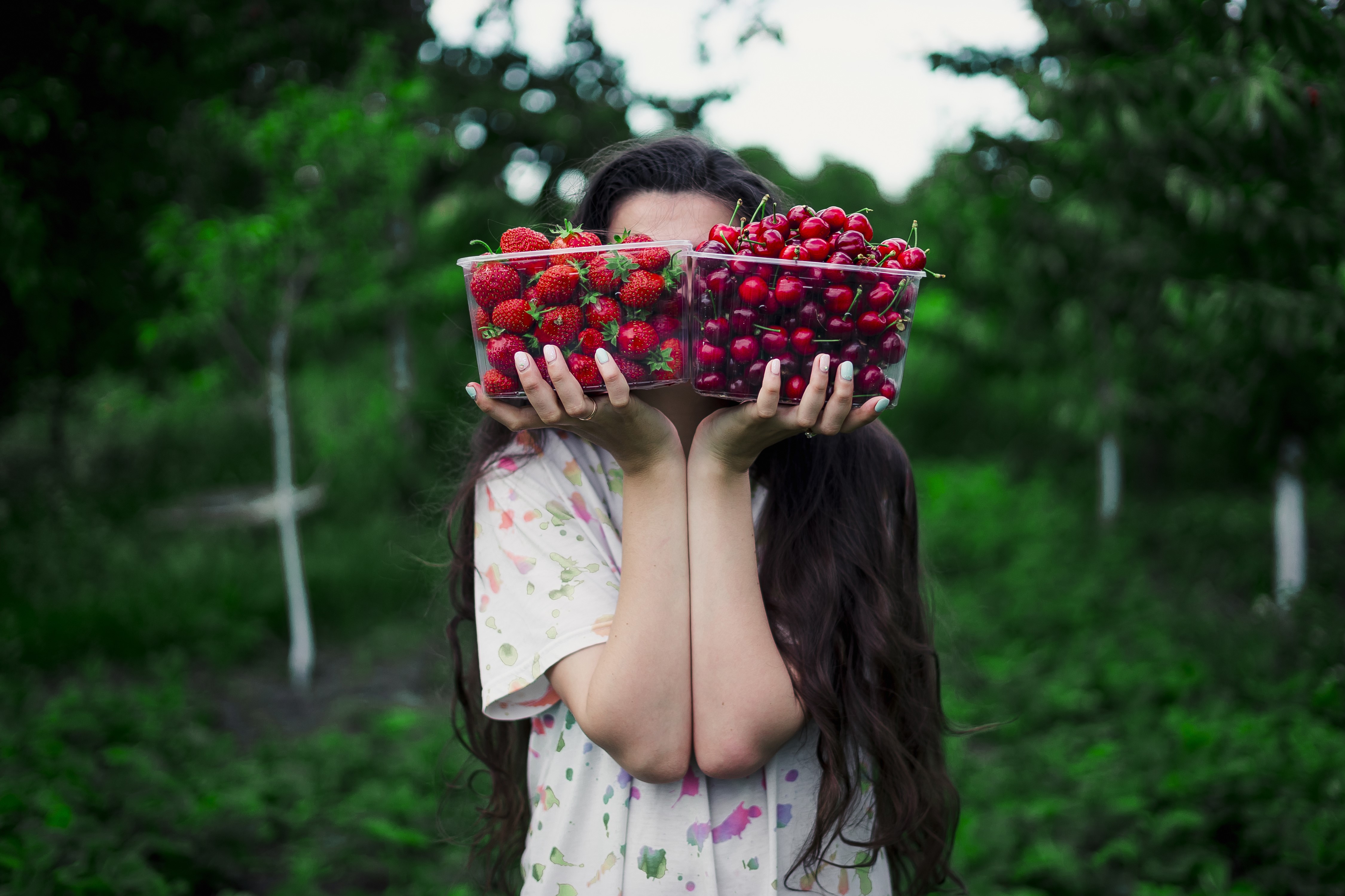 Girl holding boxes of strawberries and cherries HD Wallpaper