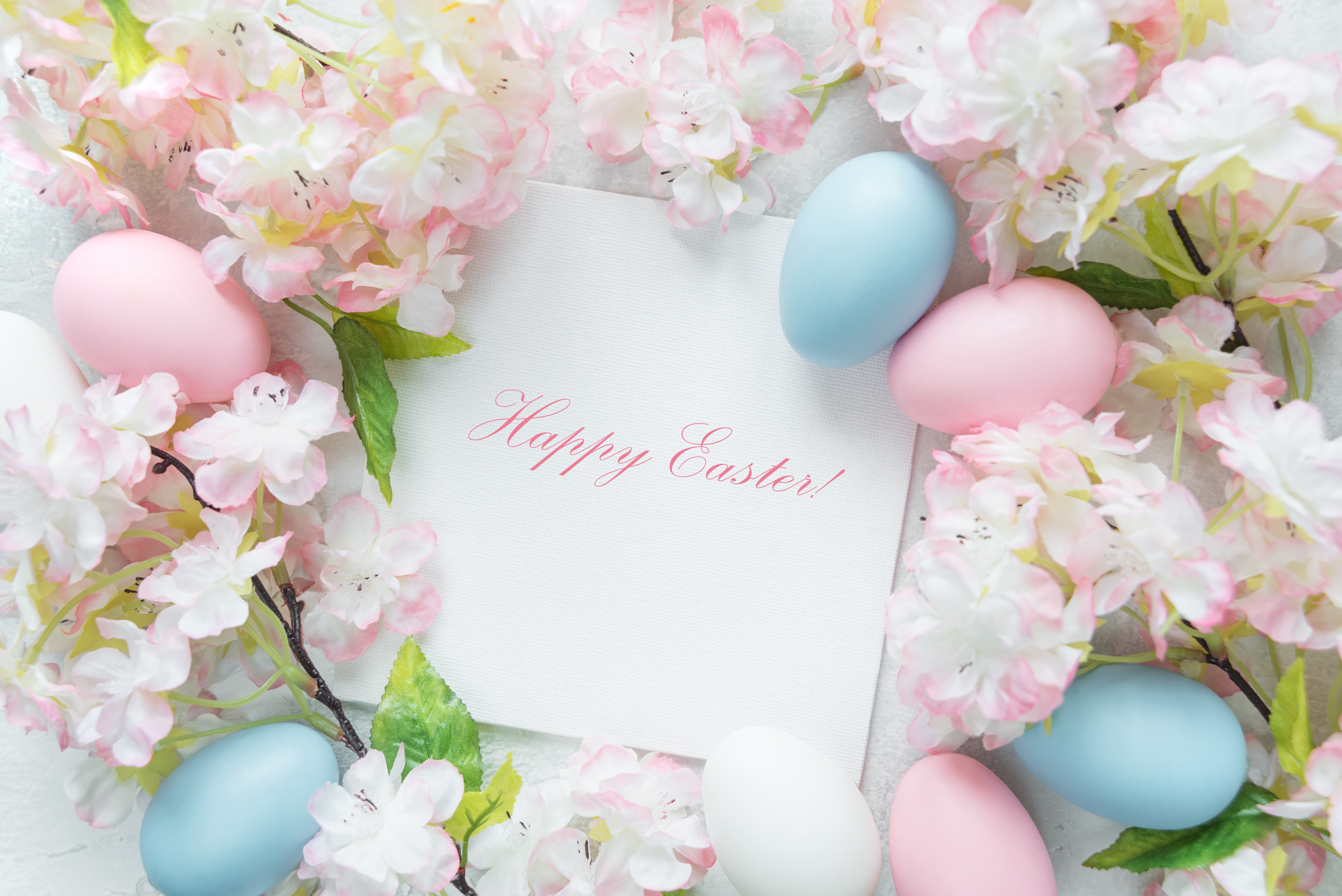 Easter eggs and flowers with "Happy Easter!" greeting HD Wallpaper