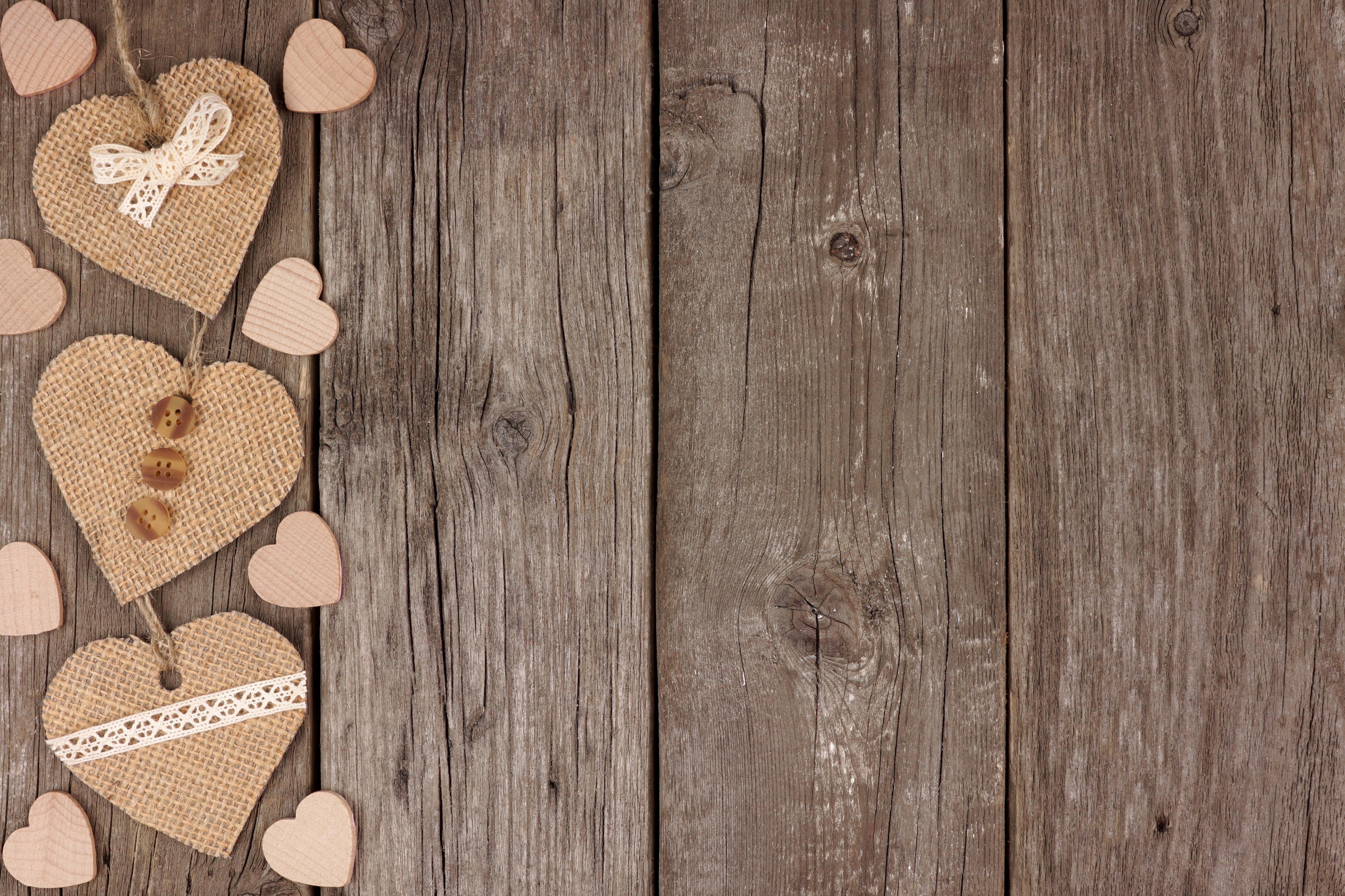 Valentine's Day burlap hearts on wood planks HD Wallpaper