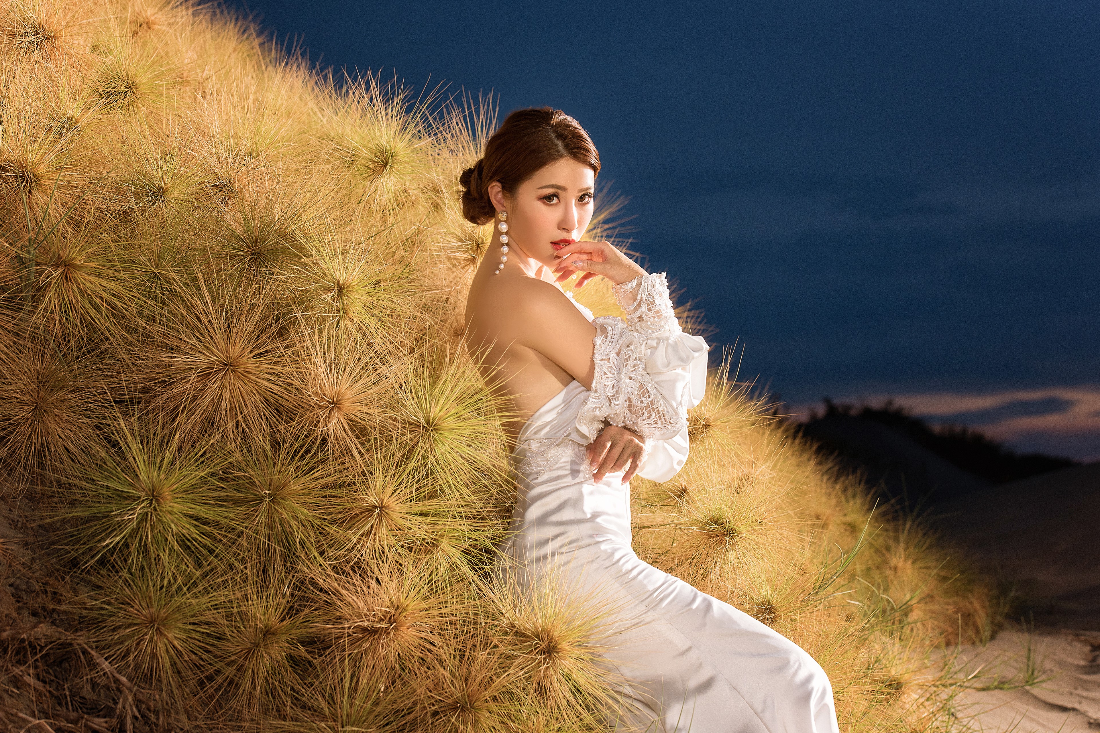 Asian Woman in White Dress Among Grass HD Wallpaper