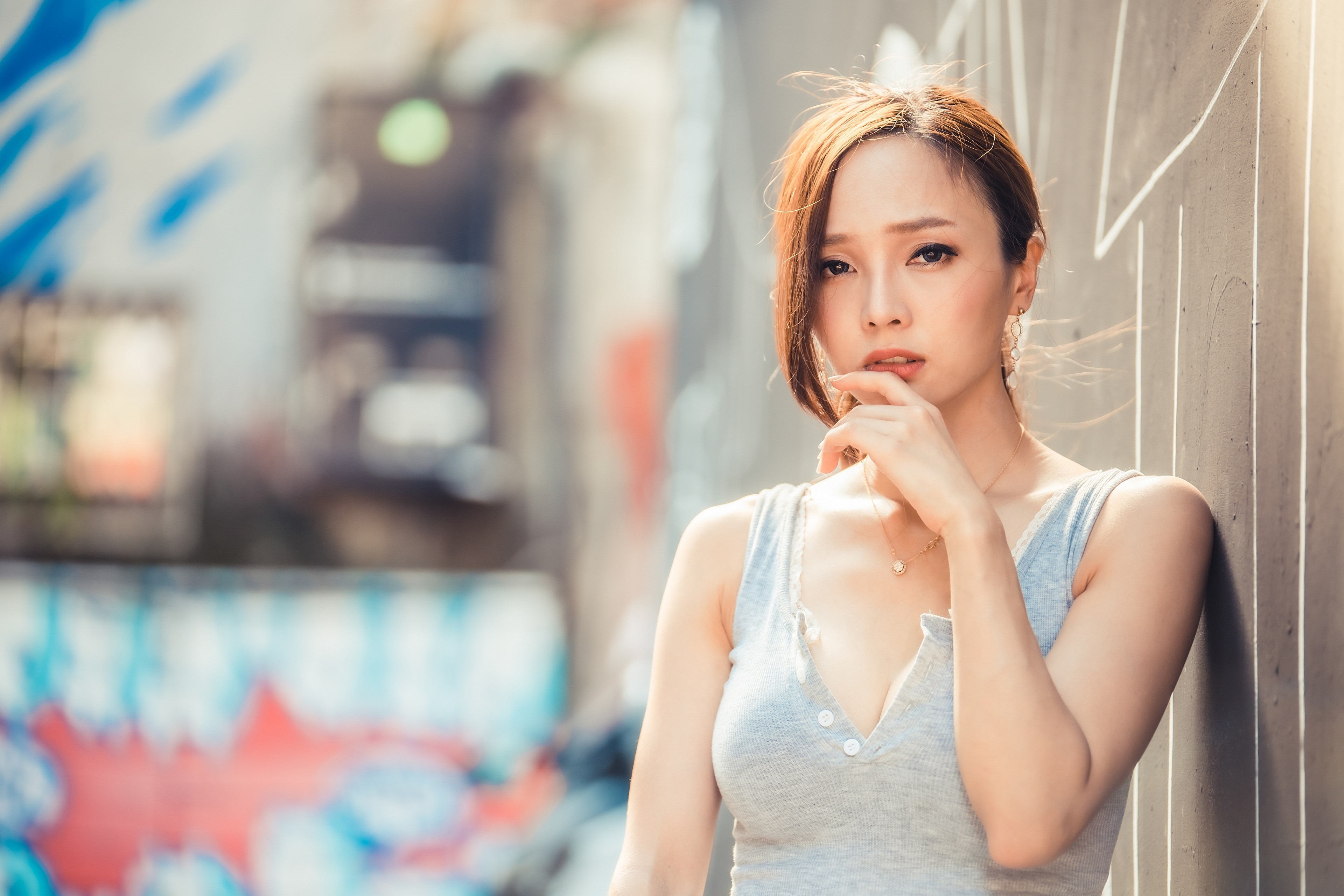 4K Asian Woman with Brown Hair and Bokeh HD Wallpaper