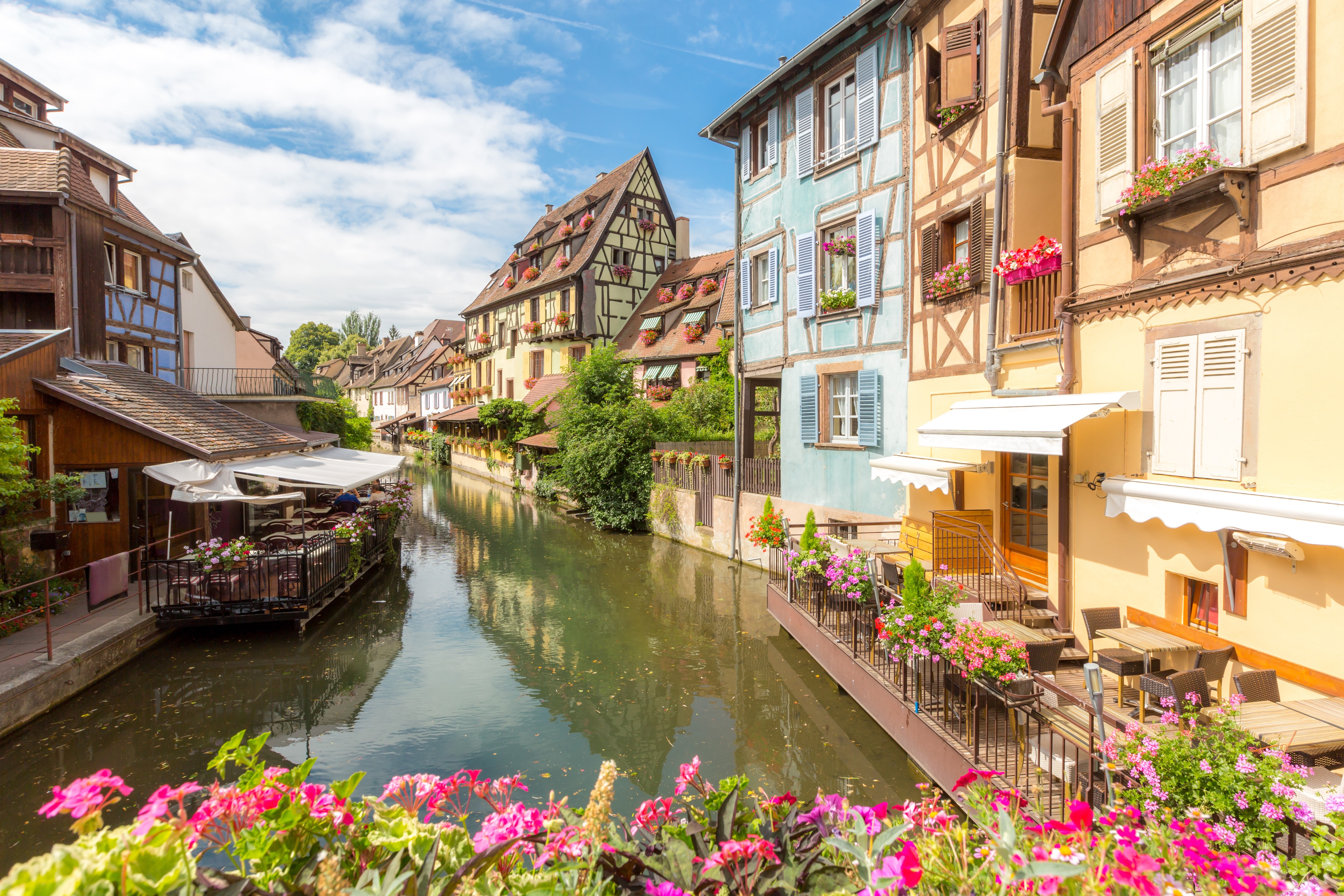 Colmar, France Canal with Half-Timbered Houses HD Wallpaper