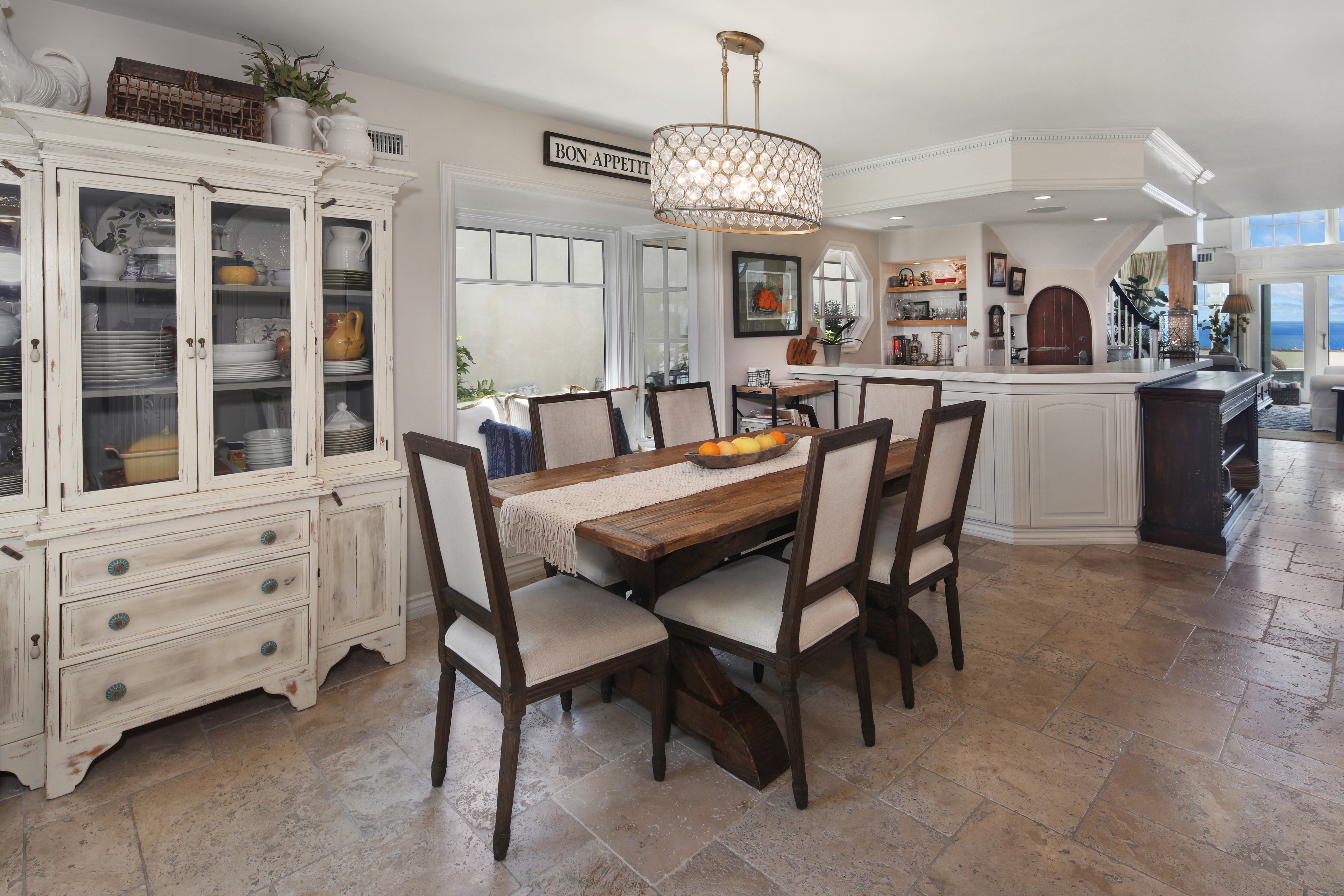 Dining room with table, chairs, and hutch HD Wallpaper