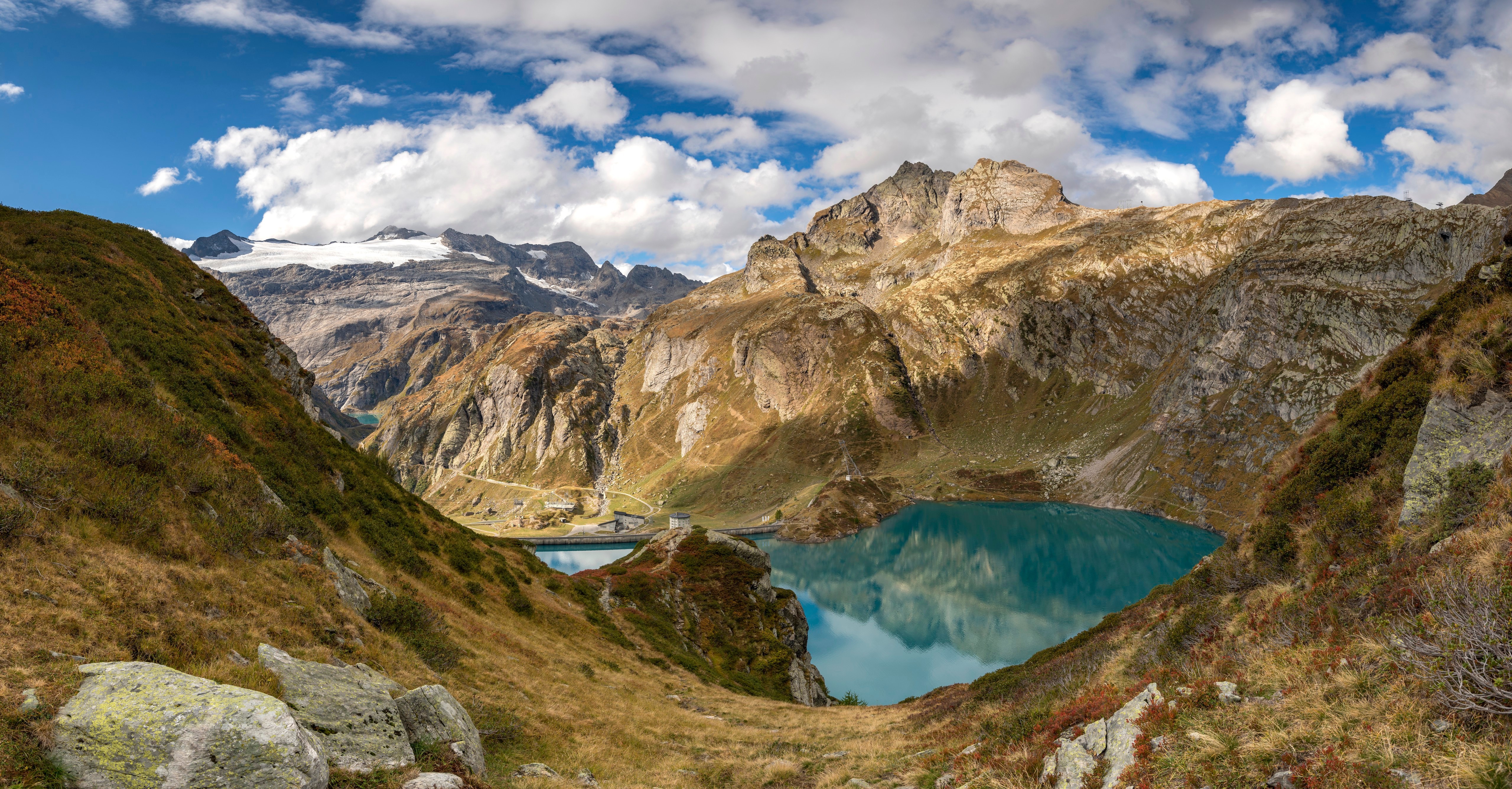 Switzerland Alps Mountains Lake with Dam and Clouds HD Wallpaper