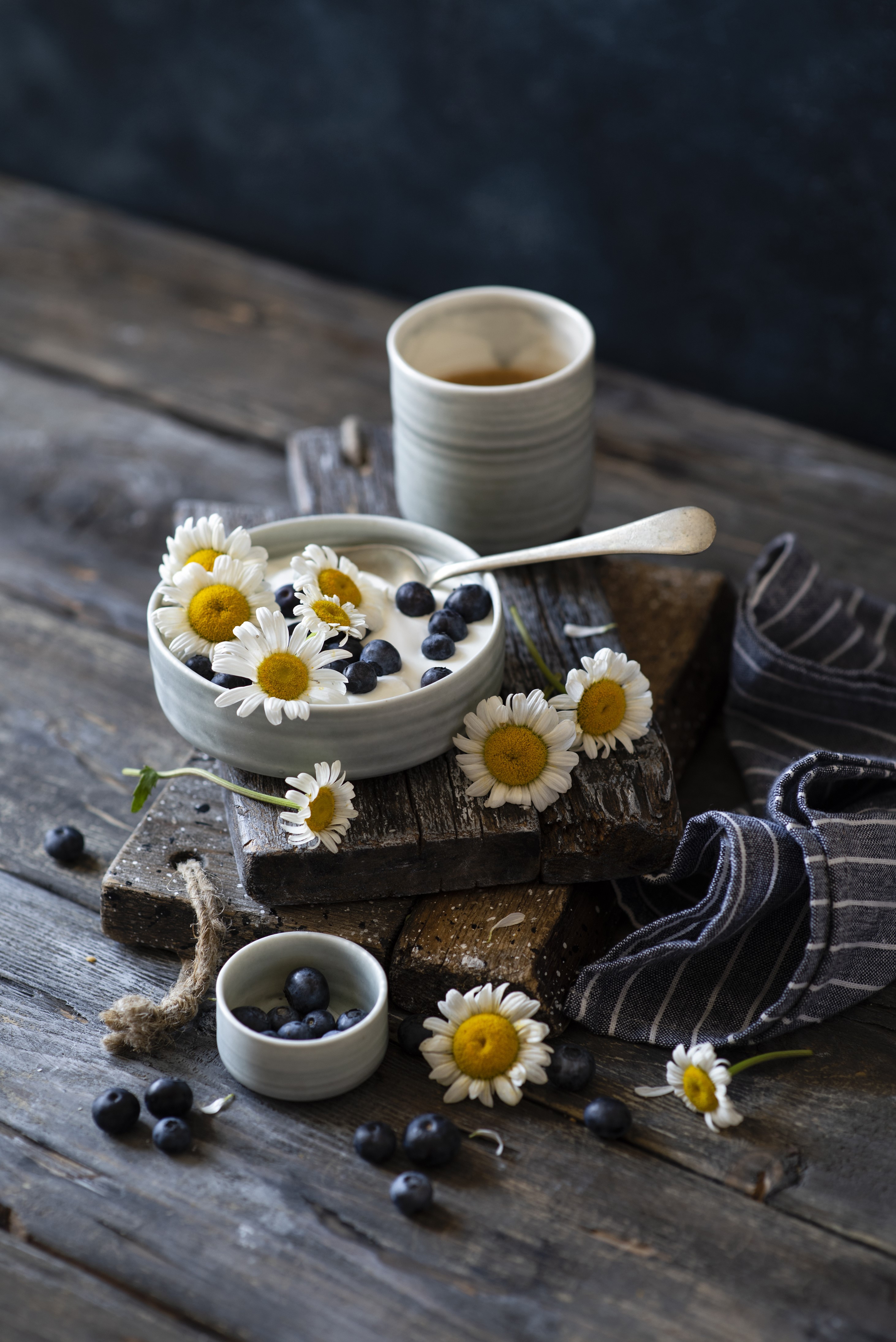 Yogurt with blueberries and chamomile flowers on wooden planks HD Phone Wallpaper