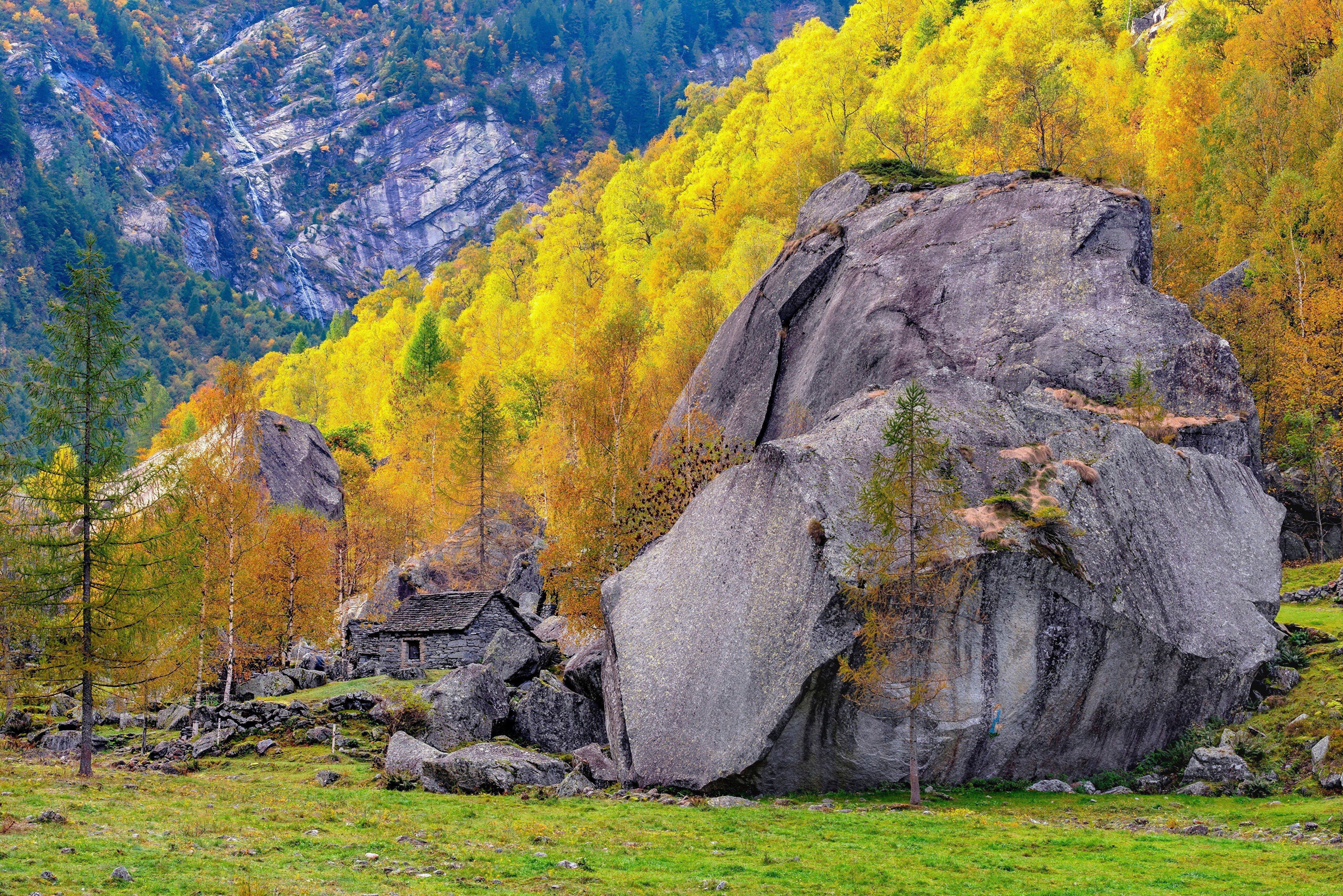 Autumn in Ticino, Switzerland with Mountains and Stones HD Wallpaper