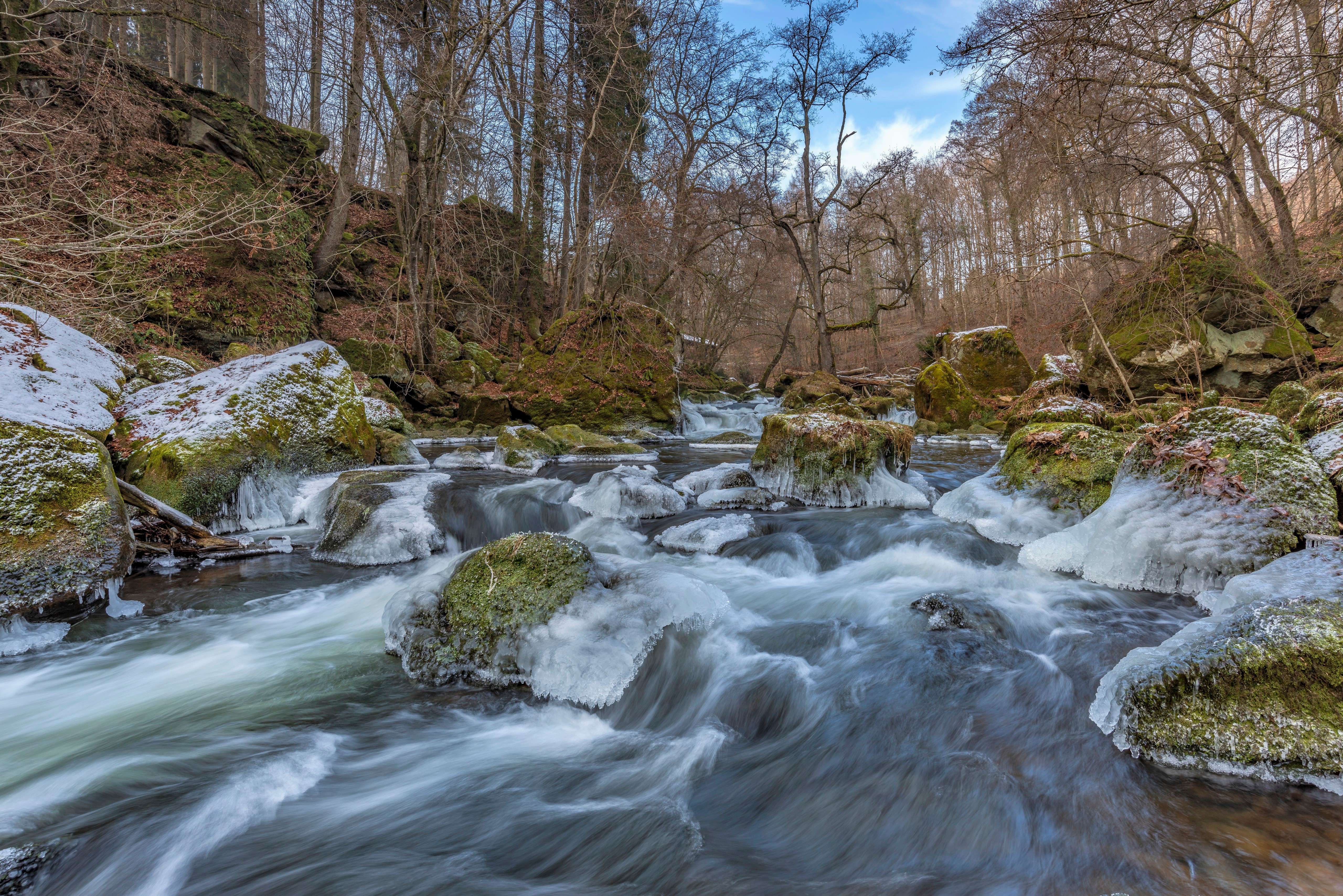 River with Ice and Snow in South-Eifel, Germany HD Wallpaper