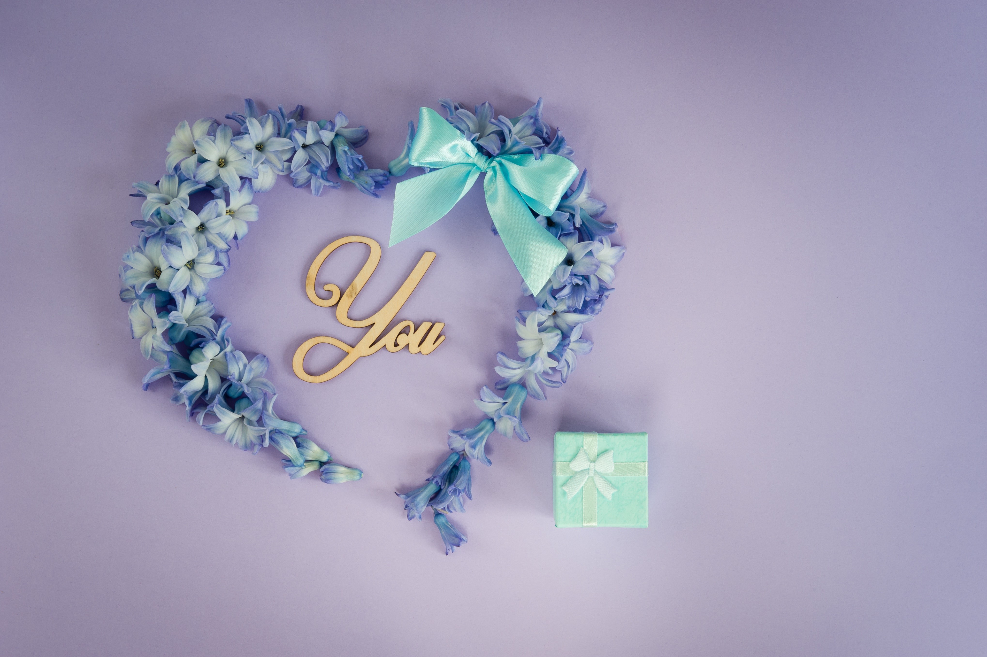 Heart made of flowers with "You" and gift HD Wallpaper