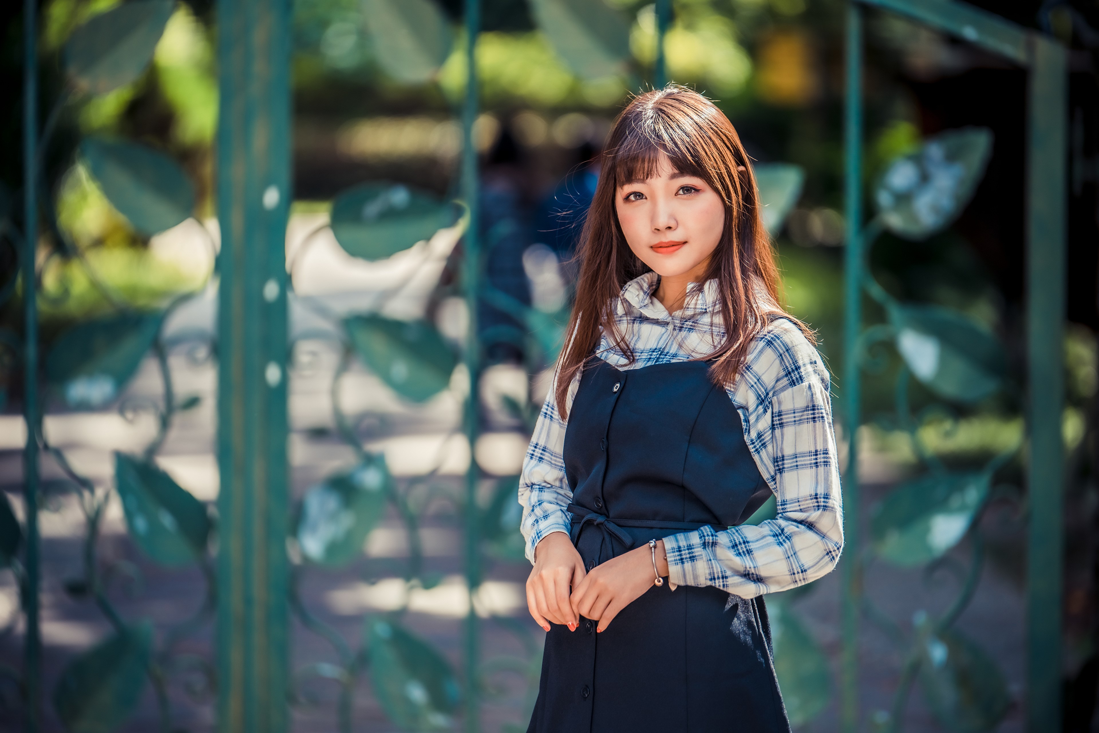 Asian girl in plaid shirt and dress HD Wallpaper