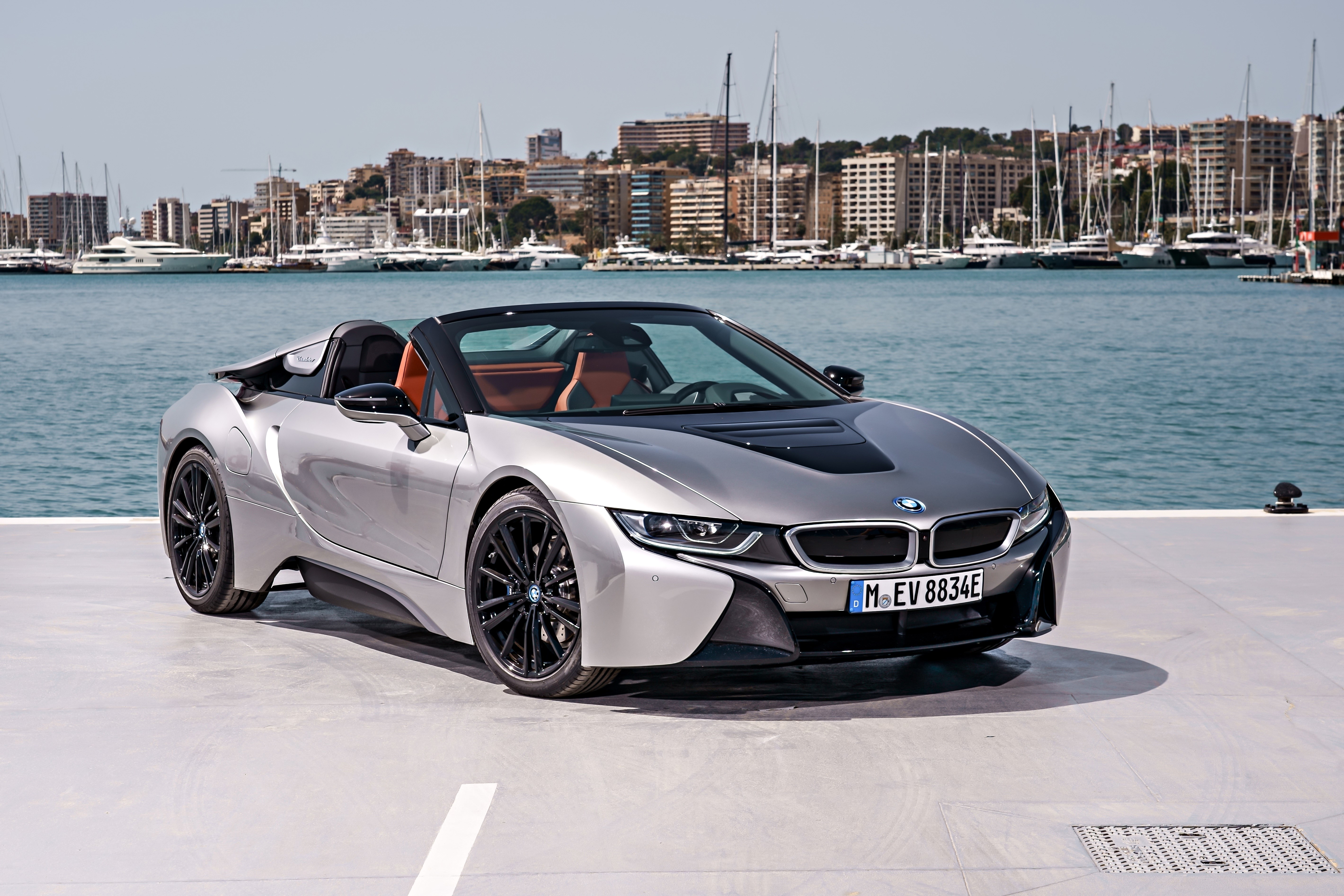 Silver BMW i8 Roadster by the water HD Wallpaper