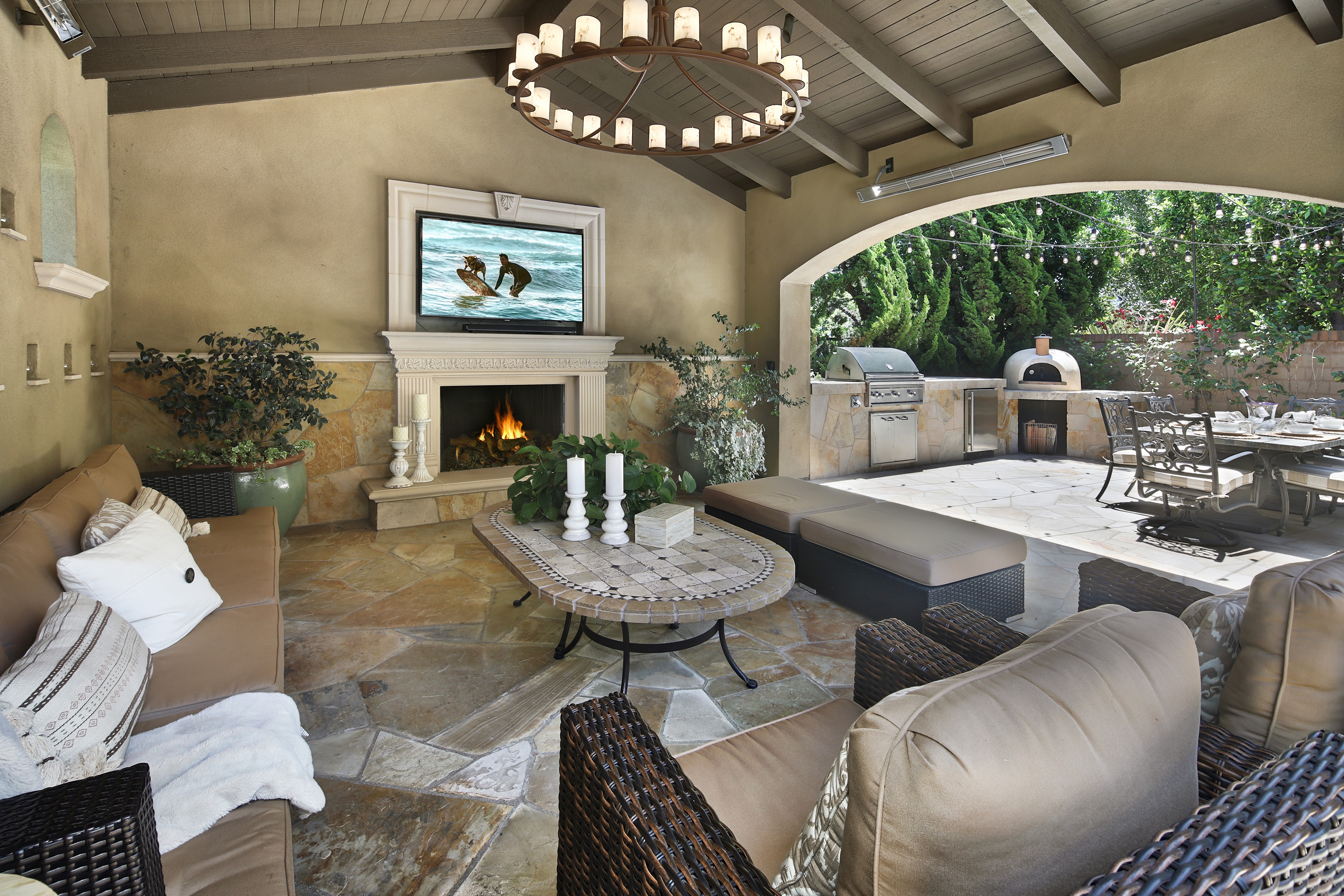 Outdoor Living Room with Fireplace and Kitchen HD Wallpaper